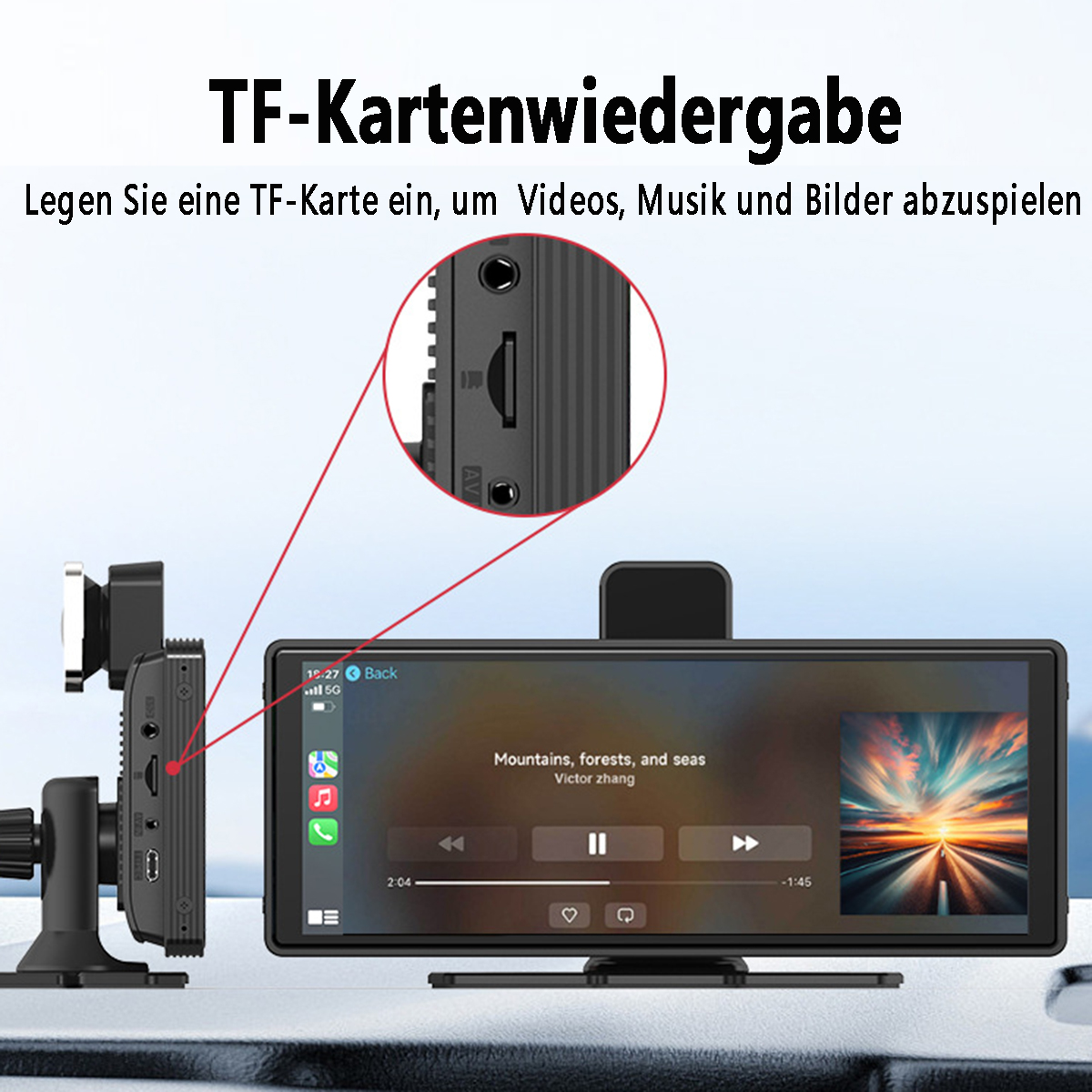 Ein Auto-Armaturenbrett mit einem Bildschirm, der ein Video anzeigt, mit einem TF-Kartensteckplatz.