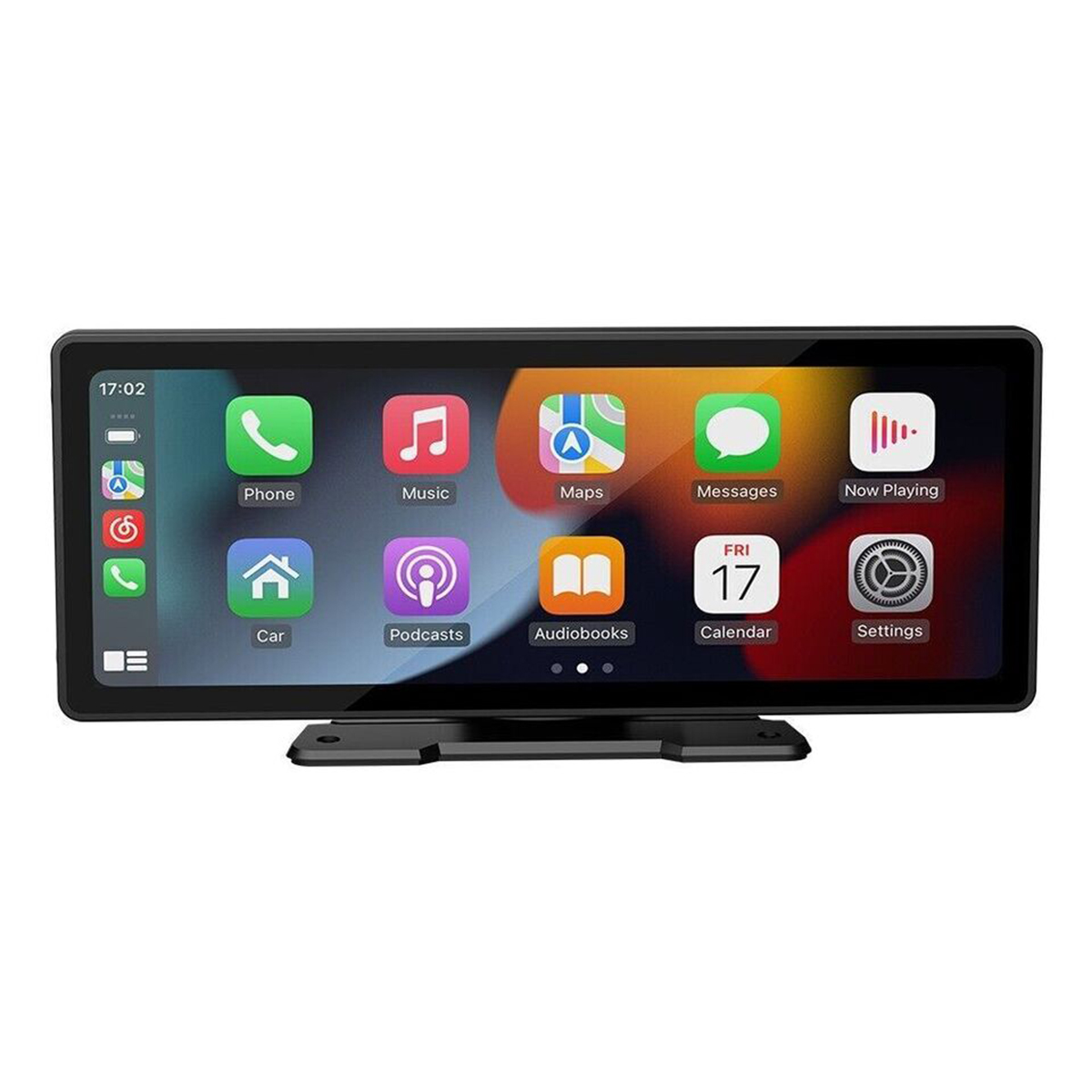Ein Auto-Multimedia-Bildschirm mit App-Symbolen: Telefon, Musik, Karten, Nachrichten und Kalender. Auch Einstellungen.