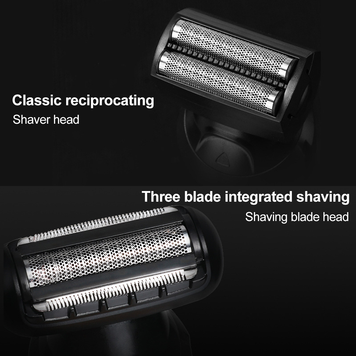 Zwei Rasierköpfe, beschriftet mit 'Classic reciprocating' und 'Three blade integrated shaving'.