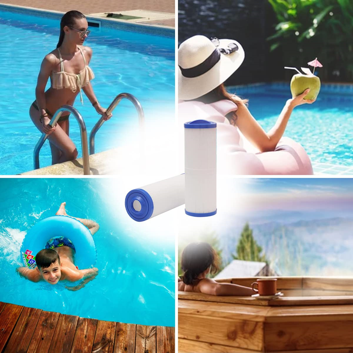 Vier Bilder: Frau steigt aus Pool, Person mit Cocktail, Filter, Junge im Ring und Person im Spa.