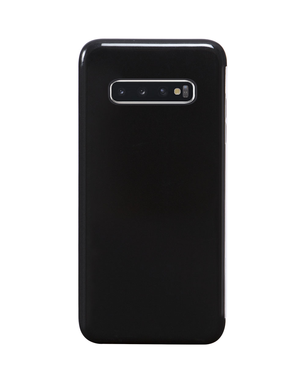 Una cover nera per telefono con un modulo fotocamera su sfondo bianco, che mostra il retro di un telefono.