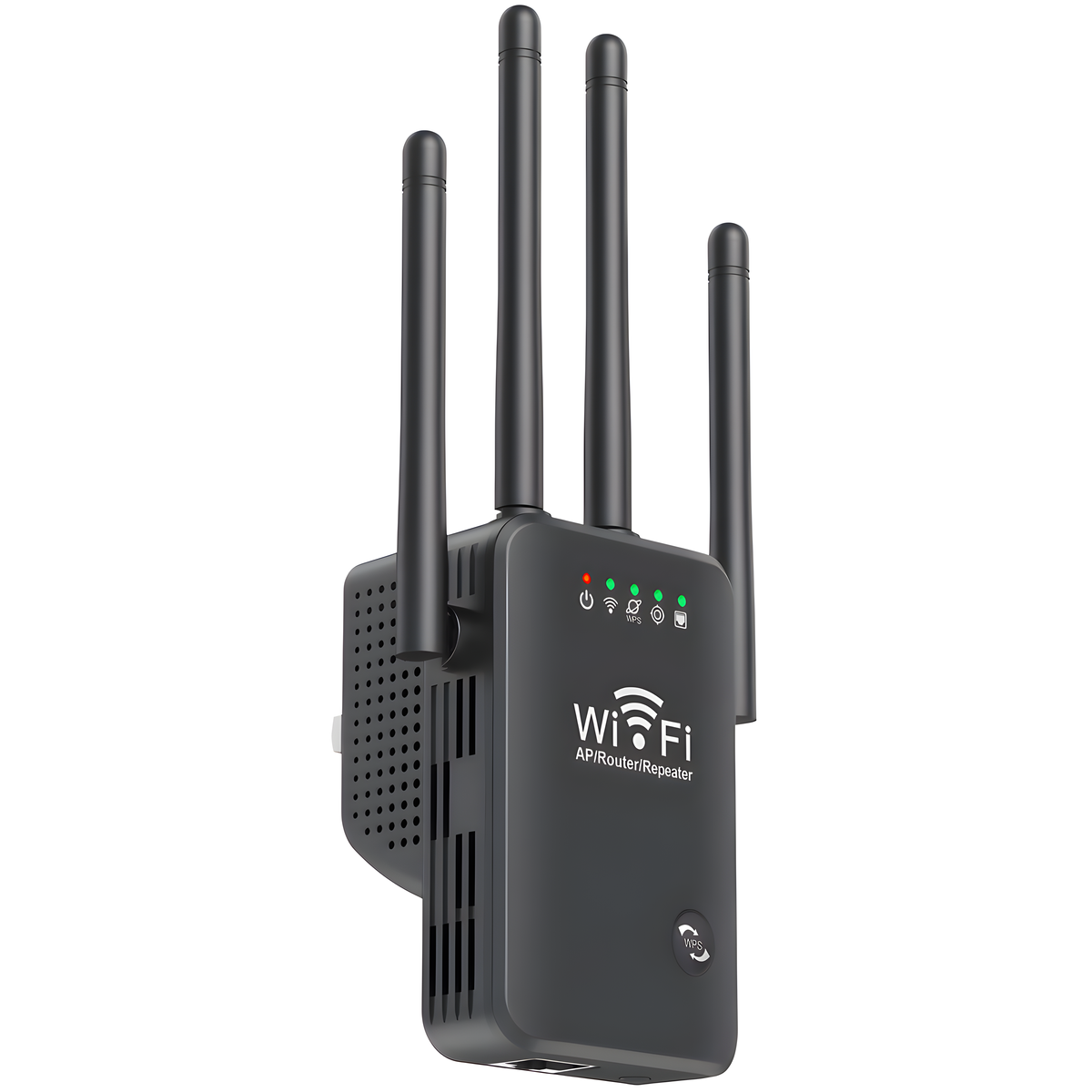 Schwarzer WiFi AP/Router/Repeater mit 4 Antennen. Grüne, rote und orangefarbene Lichter darauf. Weißer Hintergrund.