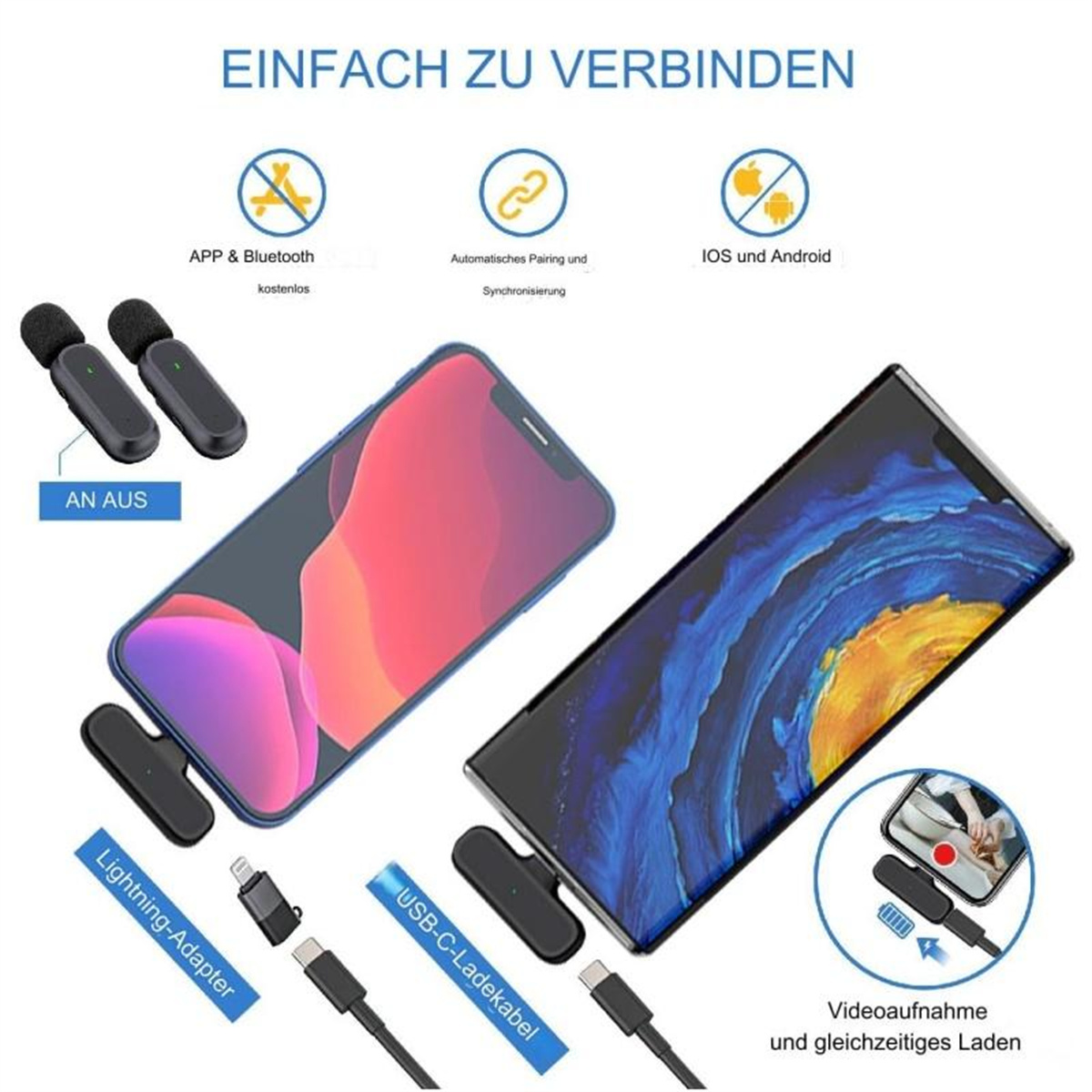 Zwei Telefone und Zubehör zur Verbindung. Bluetooth- und USB-C-Kabel werden gezeigt.