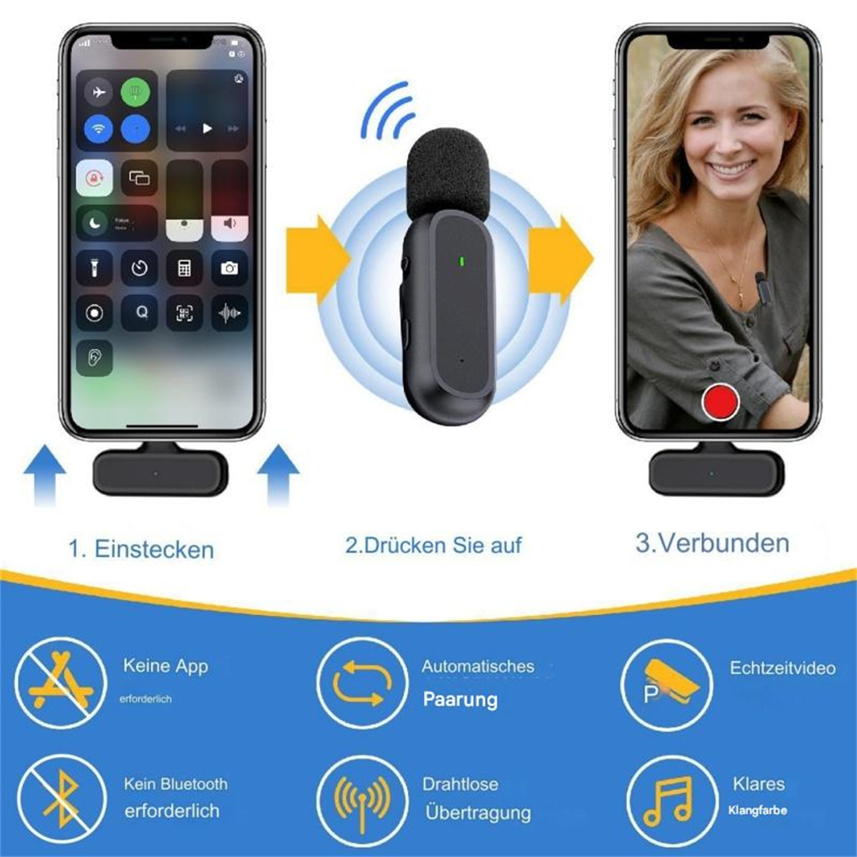 Das Bild zeigt ein drahtloses Mikrofon-Setup mit zwei Telefonen und einem Mikrofon.