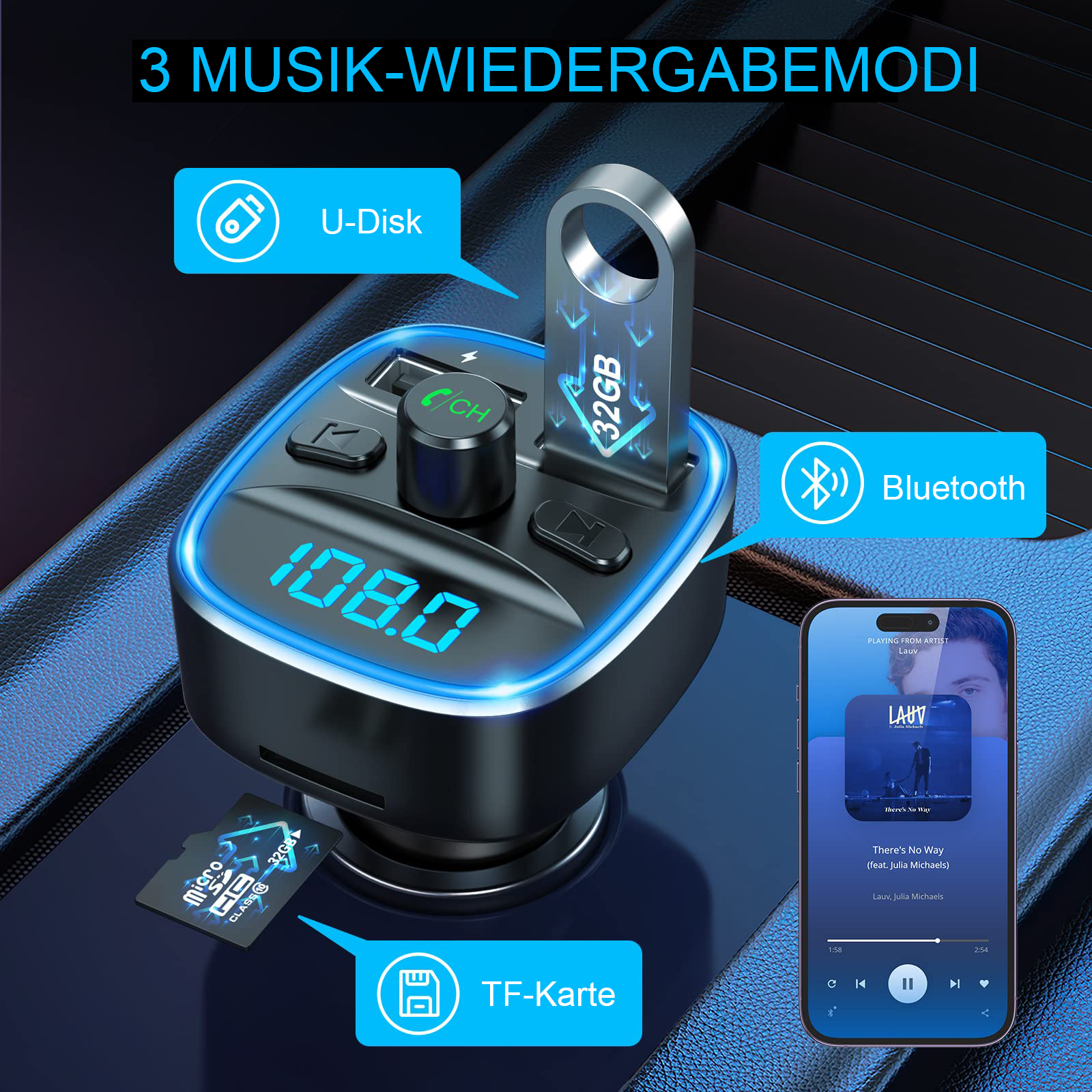 Auto-MP3-Player mit Bildschirm, der Song-Infos anzeigt. Bluetooth-, USB- und TF-Karten-Symbole sind vorhanden.