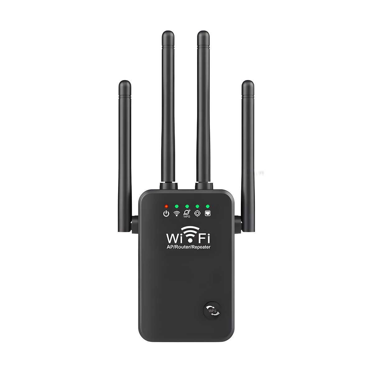 Ein schwarzer Wi-Fi AP/Router/Repeater mit vier Antennen und LED-Anzeigen.