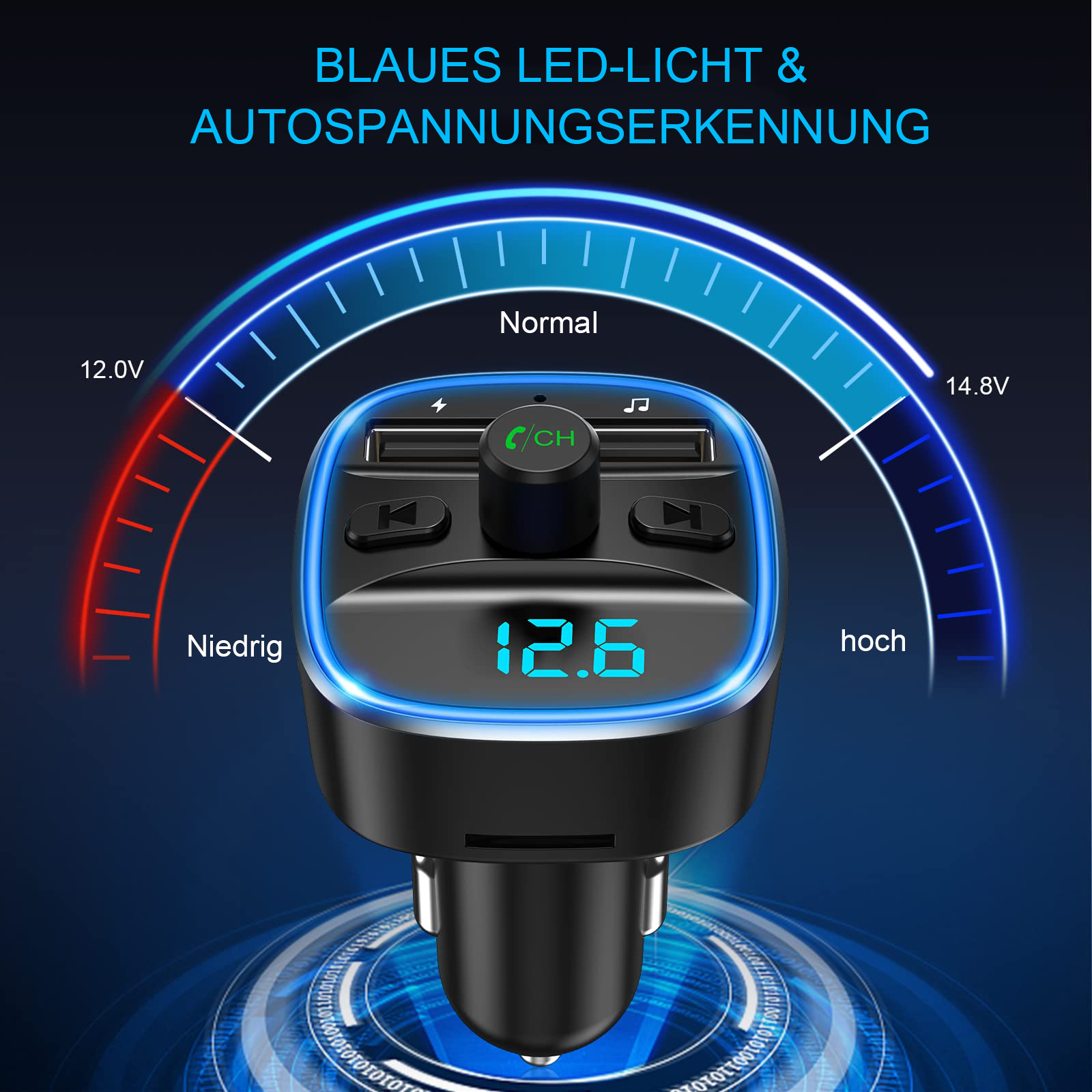 Ein schwarzes Autoladegerät mit Digitalanzeige, die 12,6 anzeigt. Blaue LED-Leuchten um die Anzeige herum.