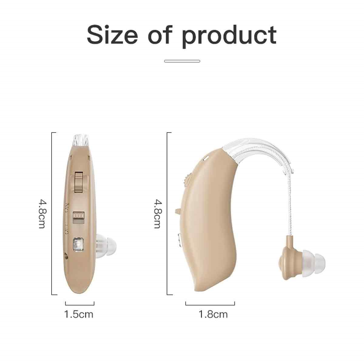 Zwei beige Hörgeräte mit Maßen. Eines ist Hinter-dem-Ohr, das andere Im-Ohr-Stil.