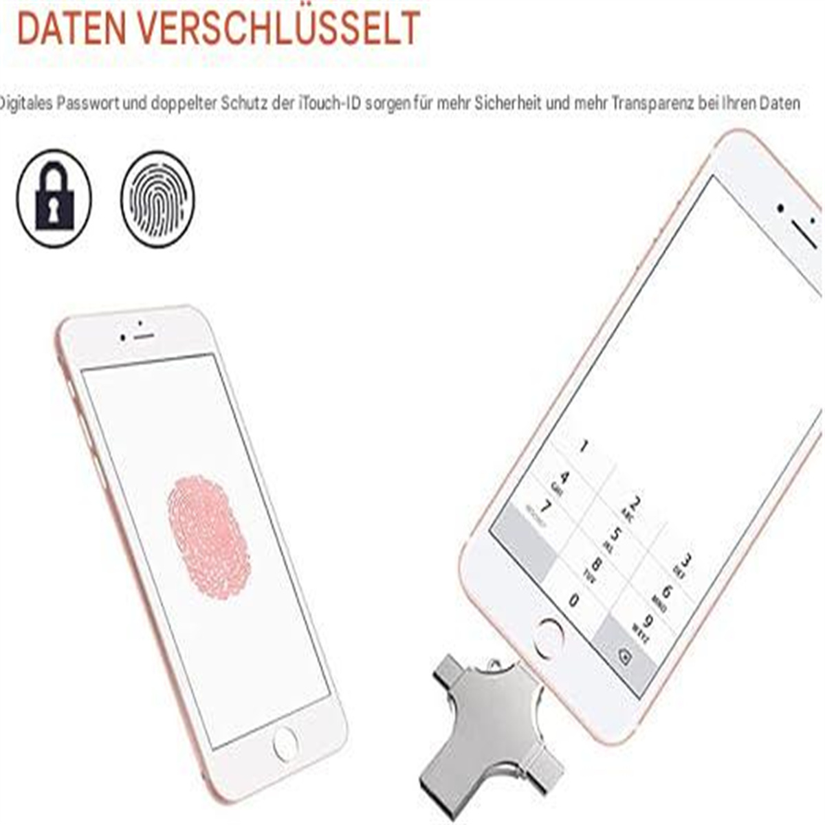 Zwei Telefone, eines mit Fingerabdruck, das andere mit Nummern. Daten sind verschlüsselt.