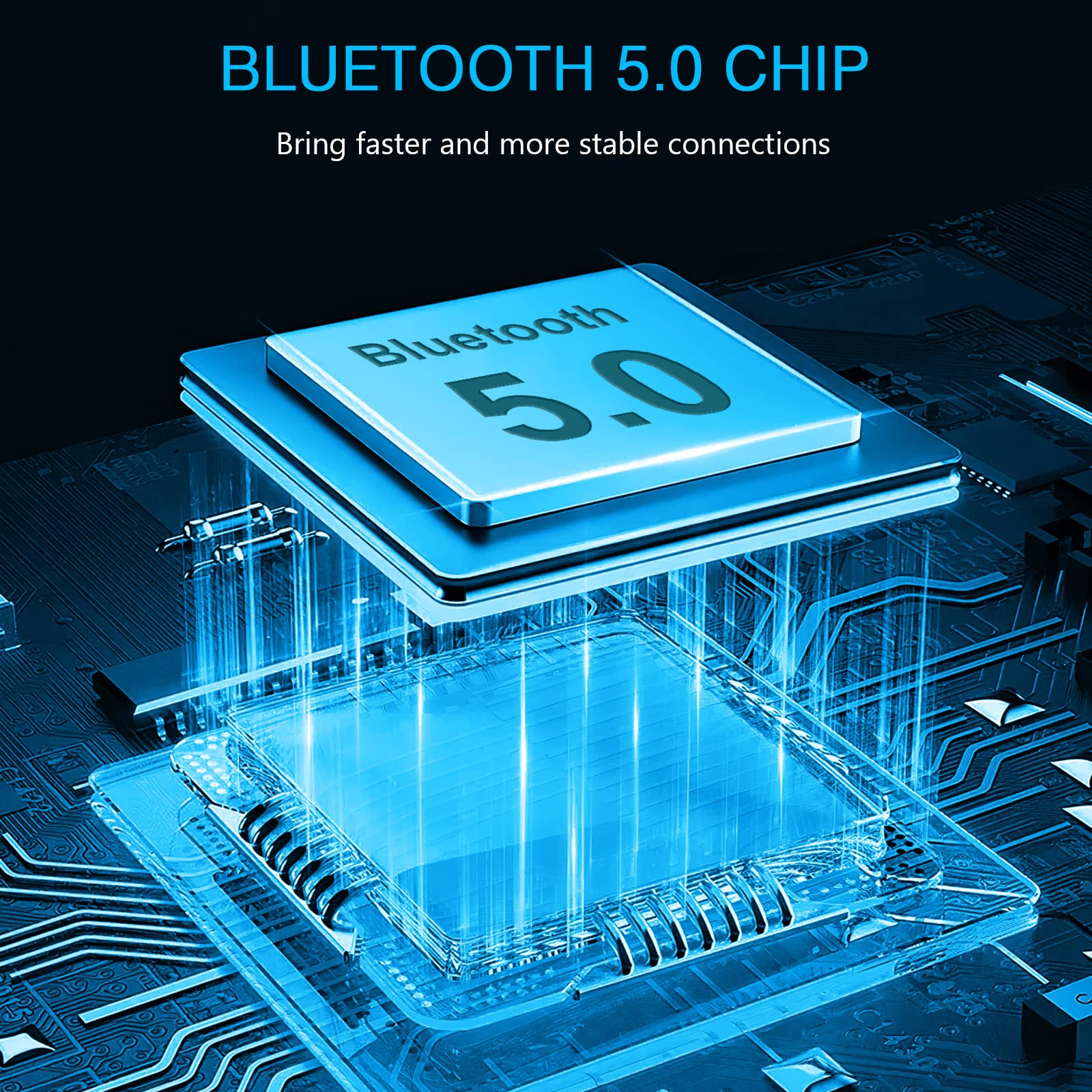 Nahaufnahme einer blauen Leiterplatte mit einem Bluetooth 5.0 Chip, die die interne Struktur des Chips zeigt.