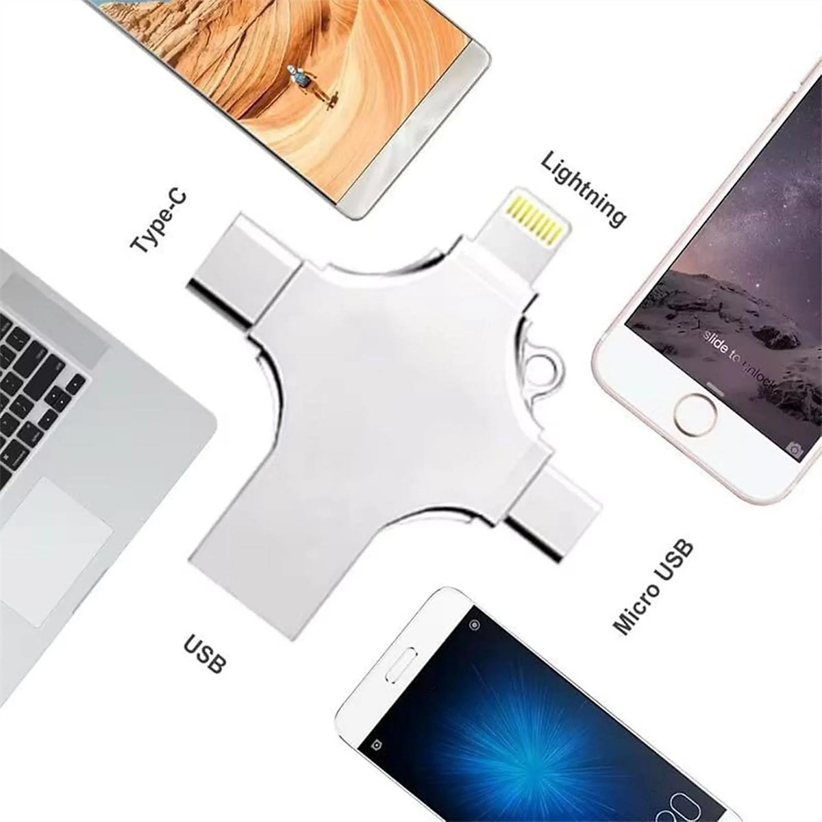 Ein silberner Multi-Anschluss mit USB-, Typ-C-, Lightning- und Micro-USB-Anschlüssen.