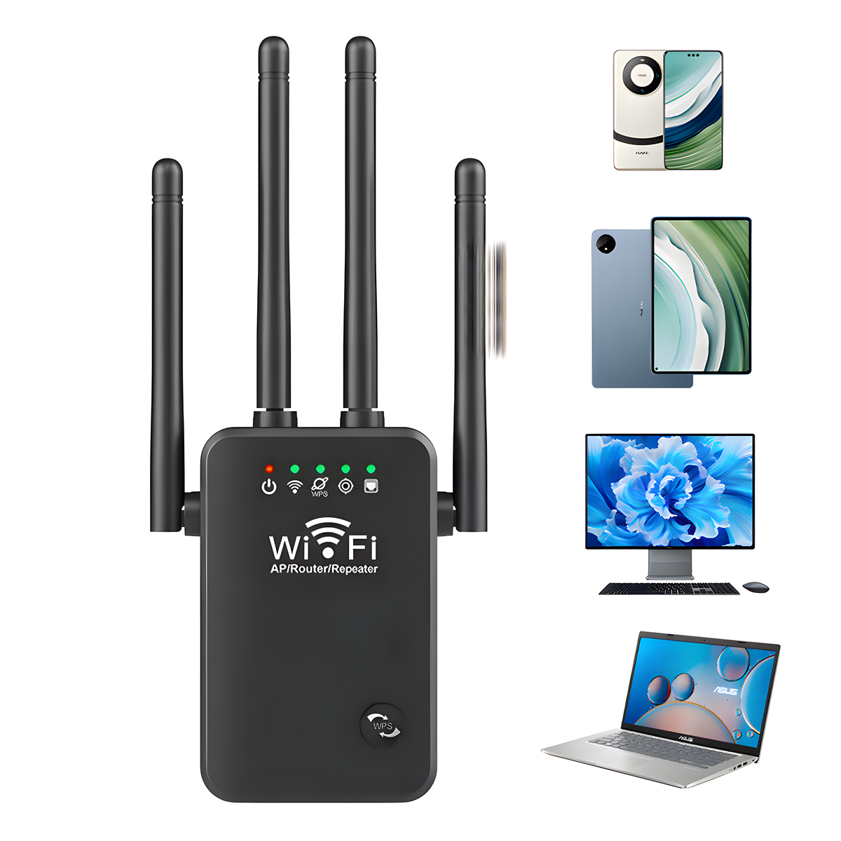 Ein schwarzer WLAN AP/Router/Repeater mit Antennen und angeschlossenen Geräten im Hintergrund.