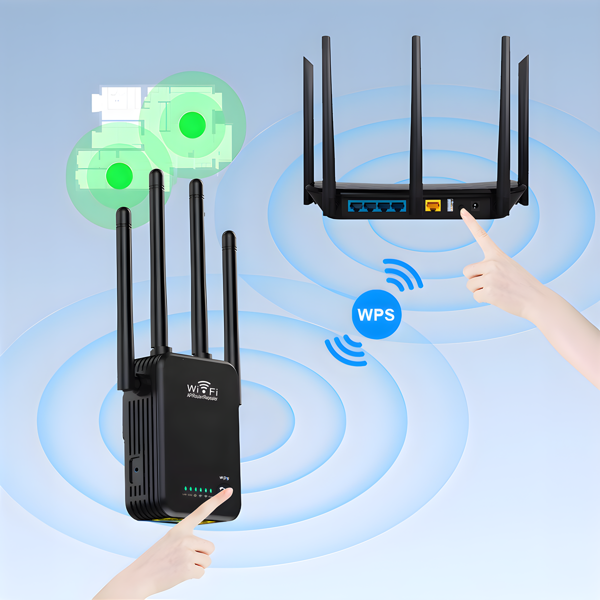 Zwei Hände, die mit WLAN-Geräten interagieren, ein Repeater und ein Router, die WPS-Verbindungen zeigen.