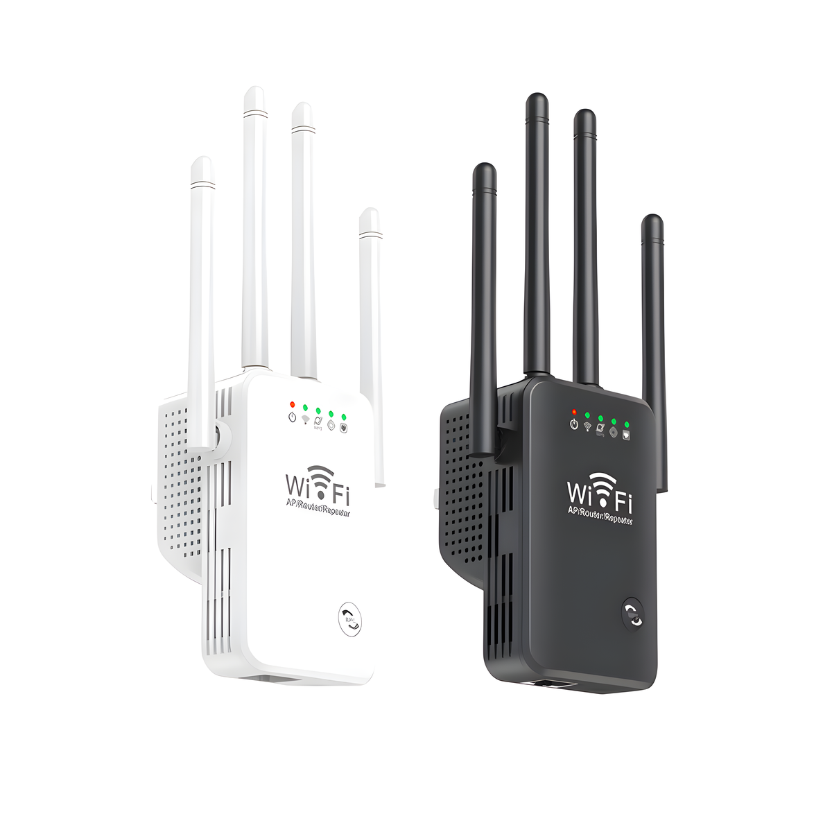 Zwei weiße und schwarze WLAN-Repeater mit Antennen.