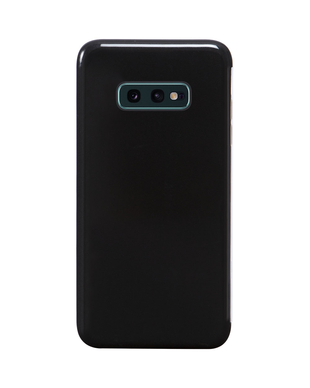 Smartphone nero con fotocamera a doppia lente sul retro. Il telefono è elegante e moderno.