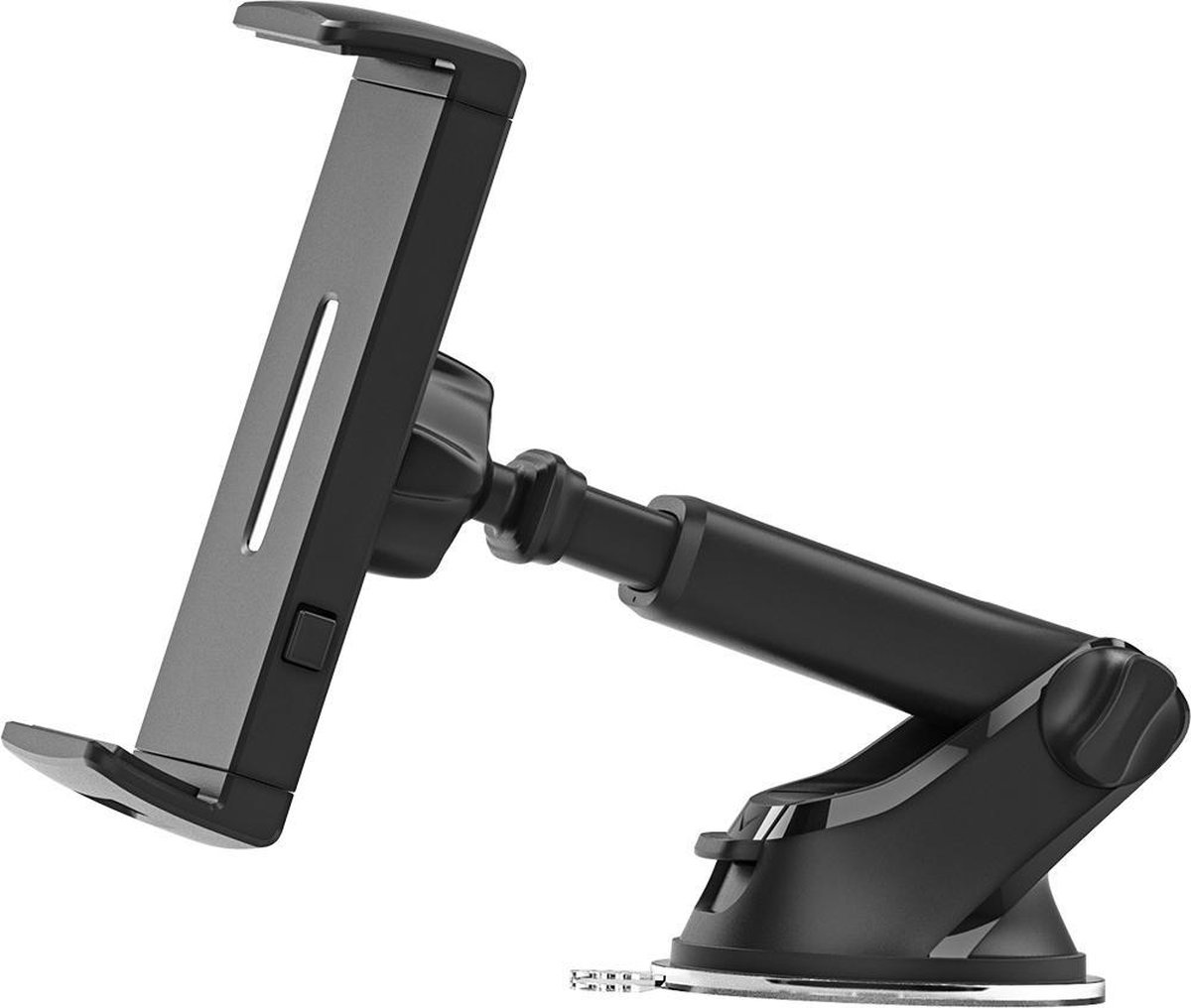 Un supporto per tablet nero con base a ventosa. È progettato per l'uso in auto.