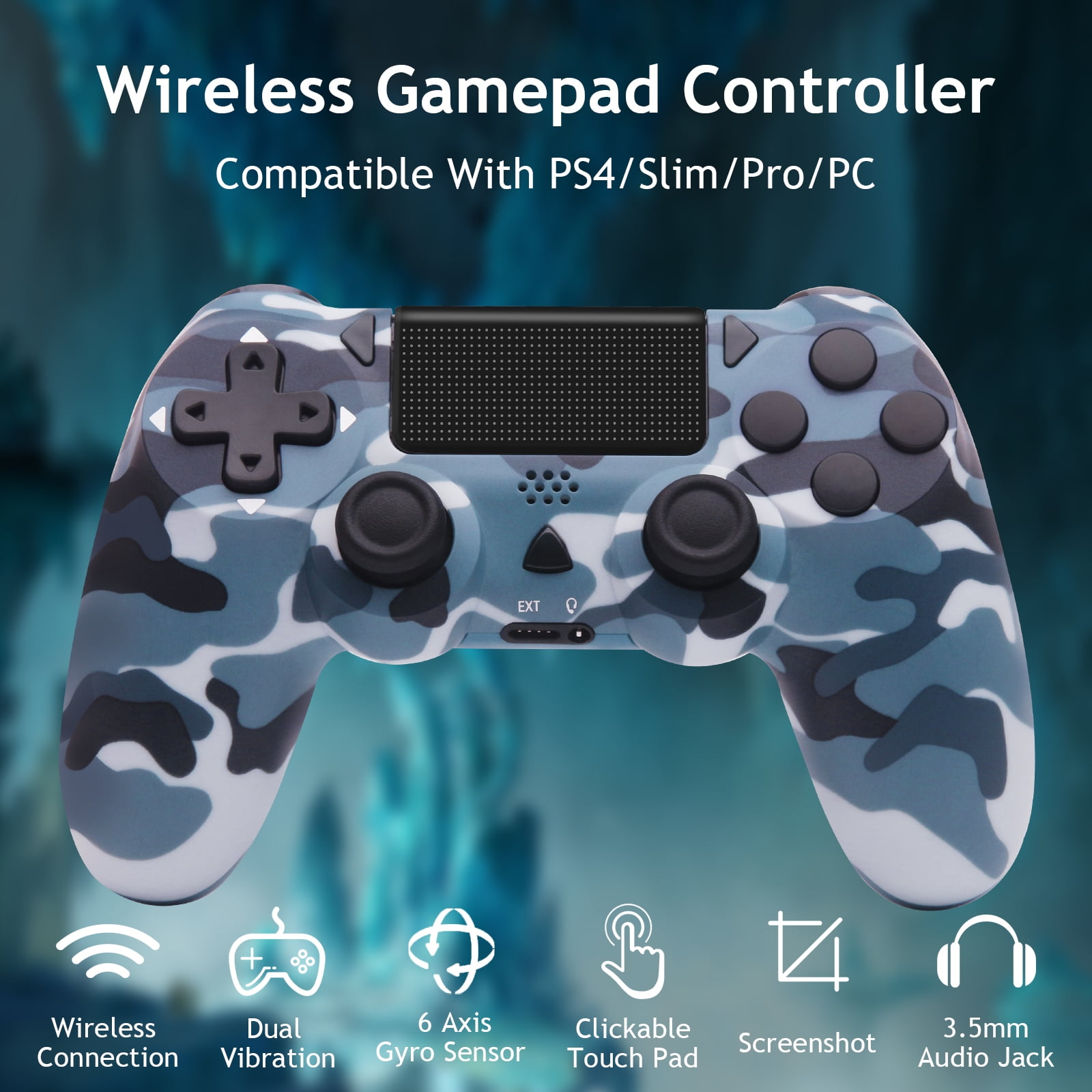 Gamecontroller mit Camouflage-Muster und Funktionssymbolen.