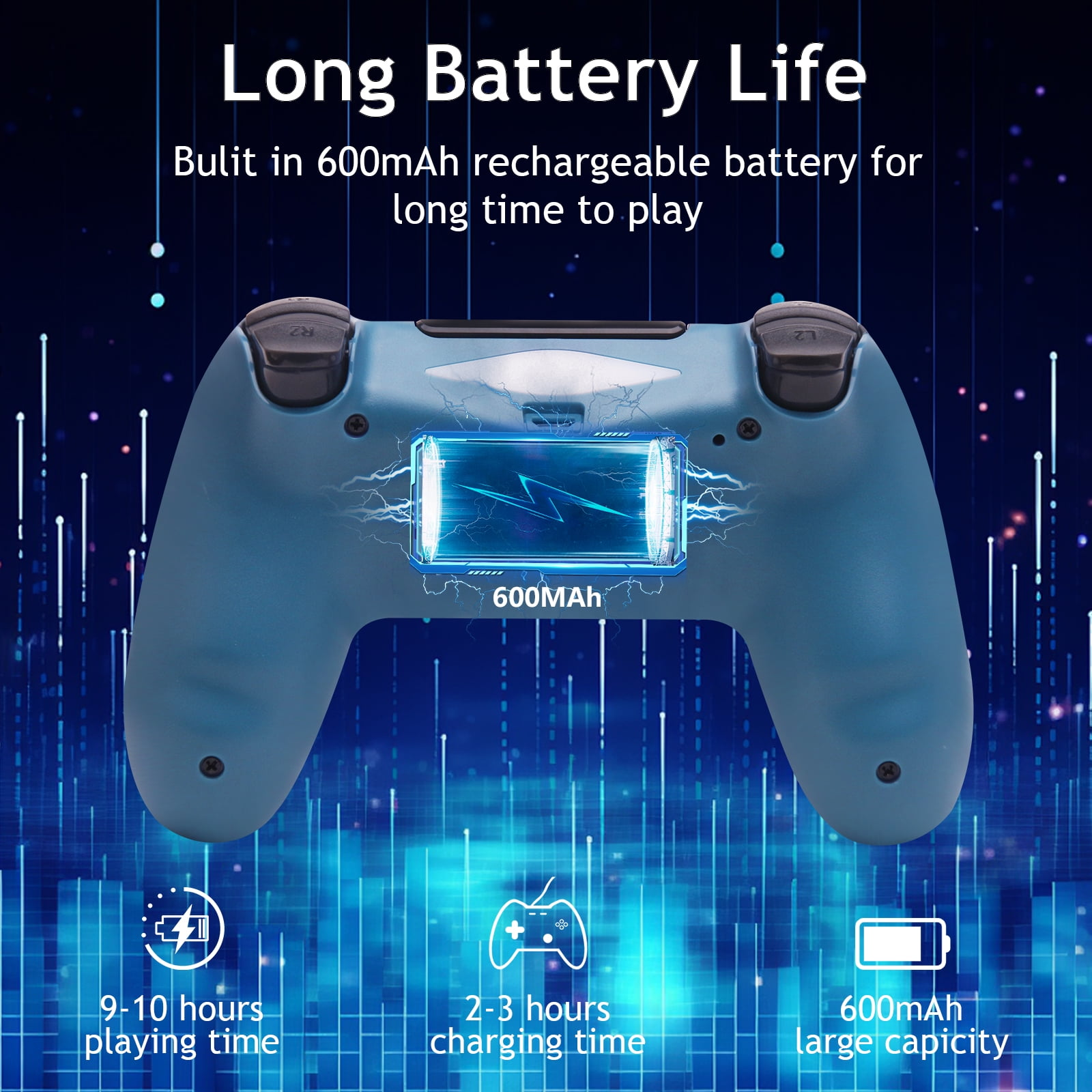 Blauer Gamecontroller mit Text, der Akkulaufzeit und Ladezeit anzeigt.