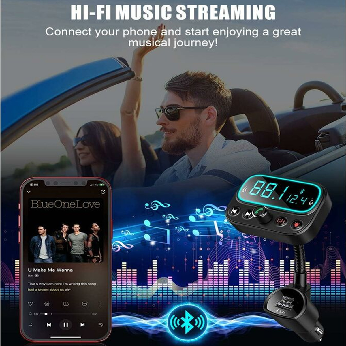 Das Innere eines Autos hat ein Telefon, ein Musikgerät und ein Paar. Musik-Streaming ist das Thema.