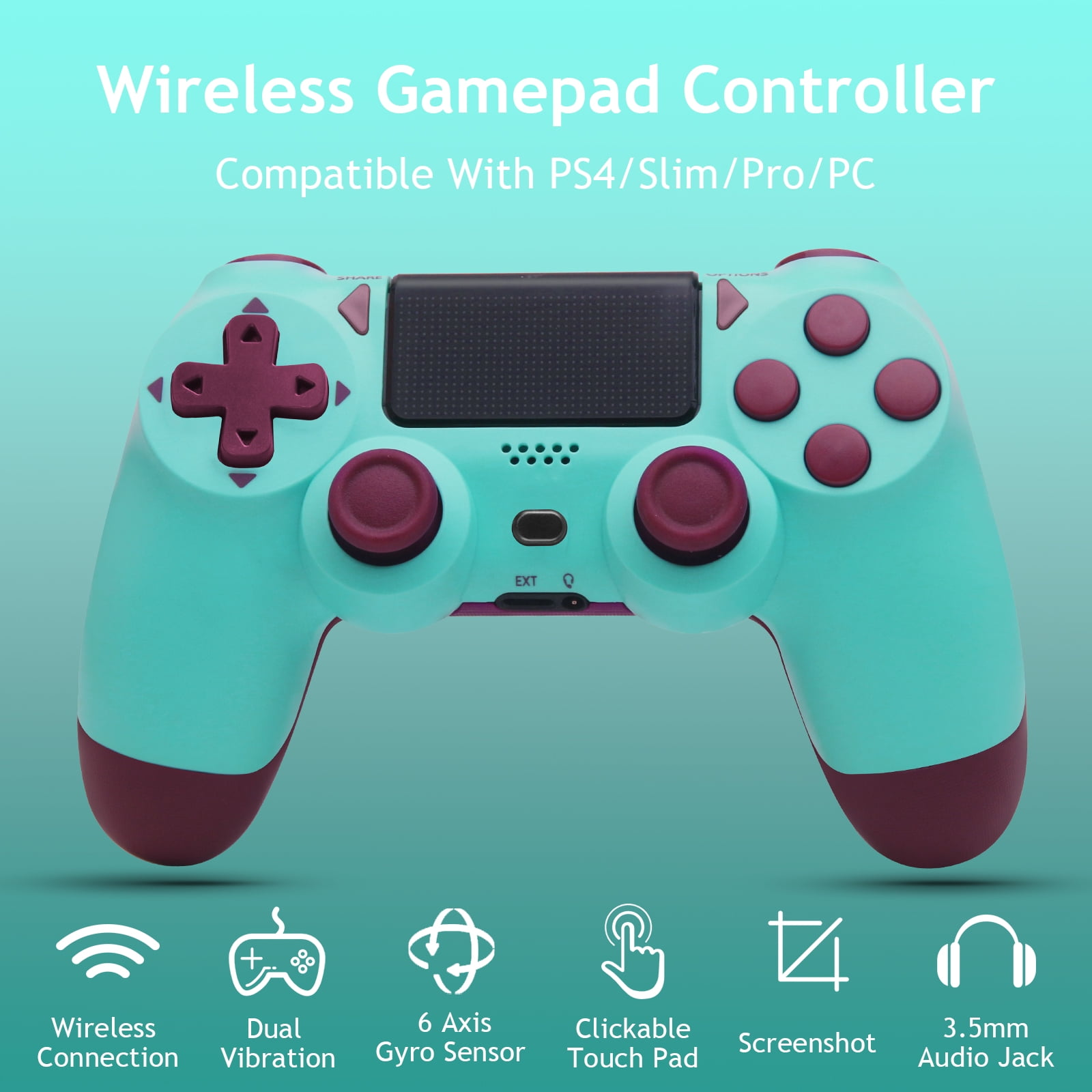 Türkis- und weinroter kabelloser Gamepad-Controller mit verschiedenen Funktionssymbolen.