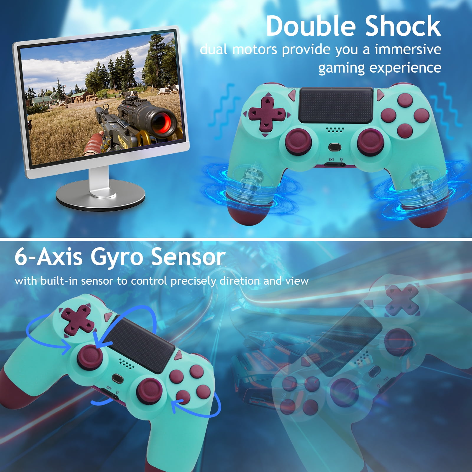 Bild eines Gamecontrollers und eines Computerbildschirms mit einem Videospiel.