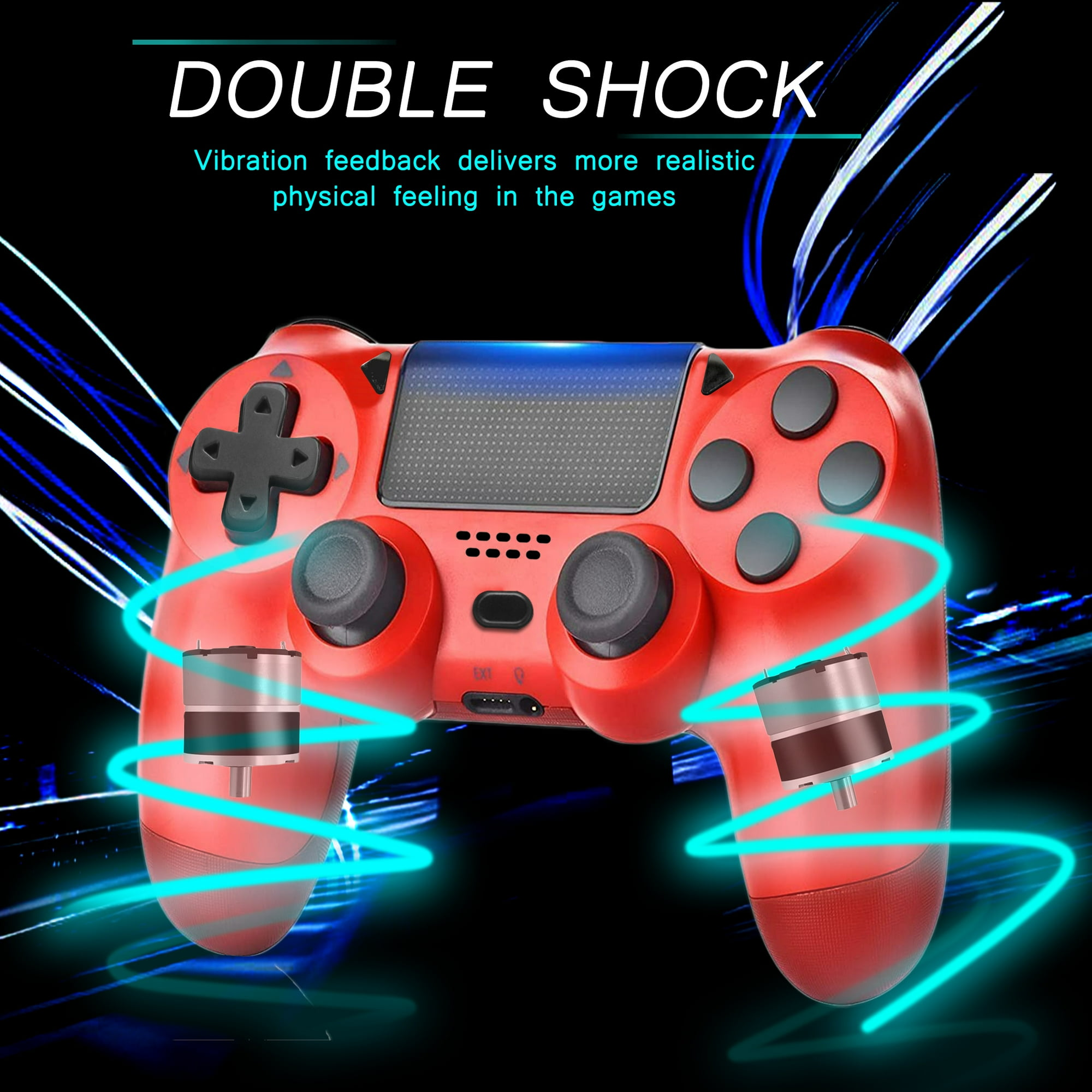Ein roter Gamecontroller mit schwarzem Steuerkreuz, Knöpfen und blauen Energielinien.