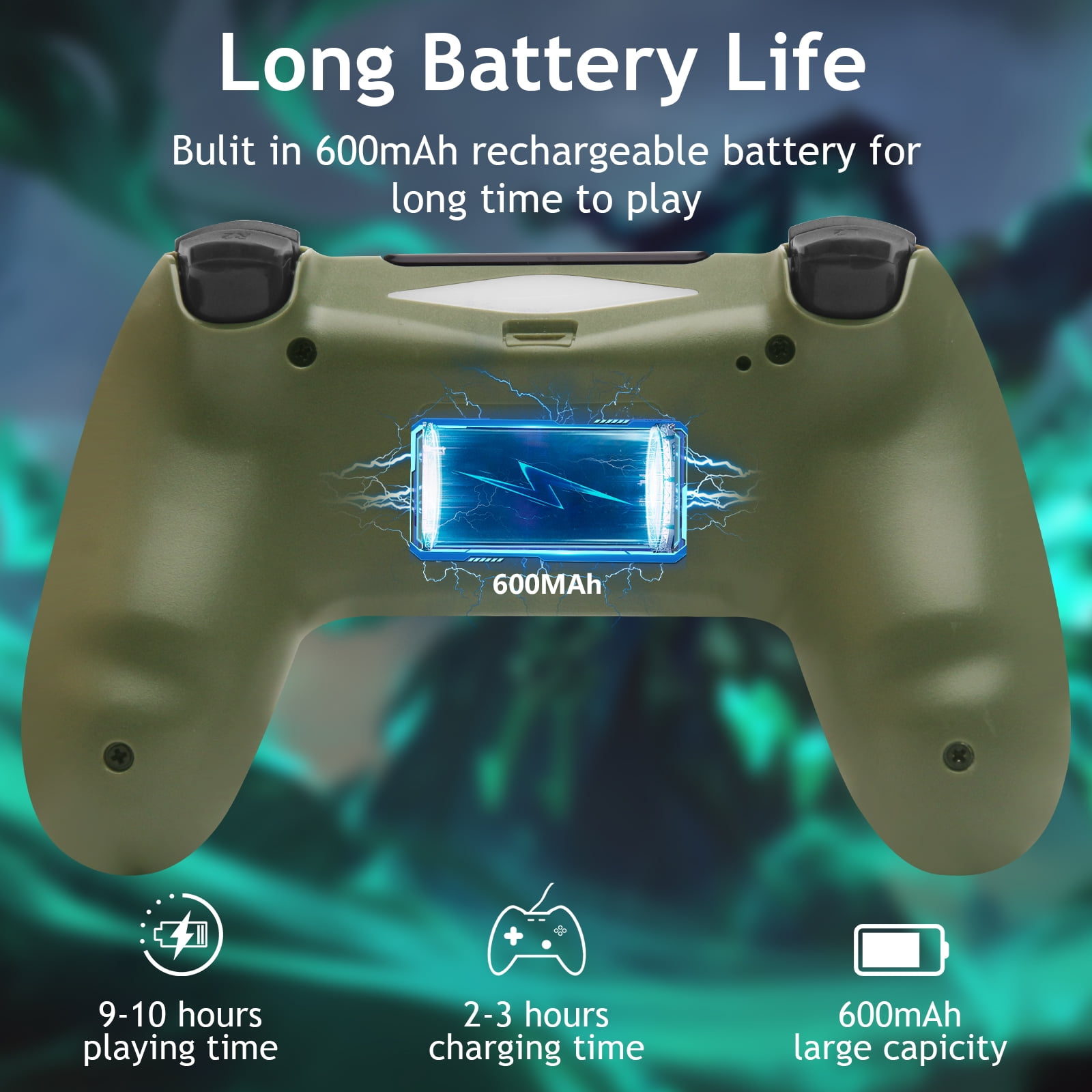 Grüner Gamecontroller mit Batterieinfo und Ladezeit.