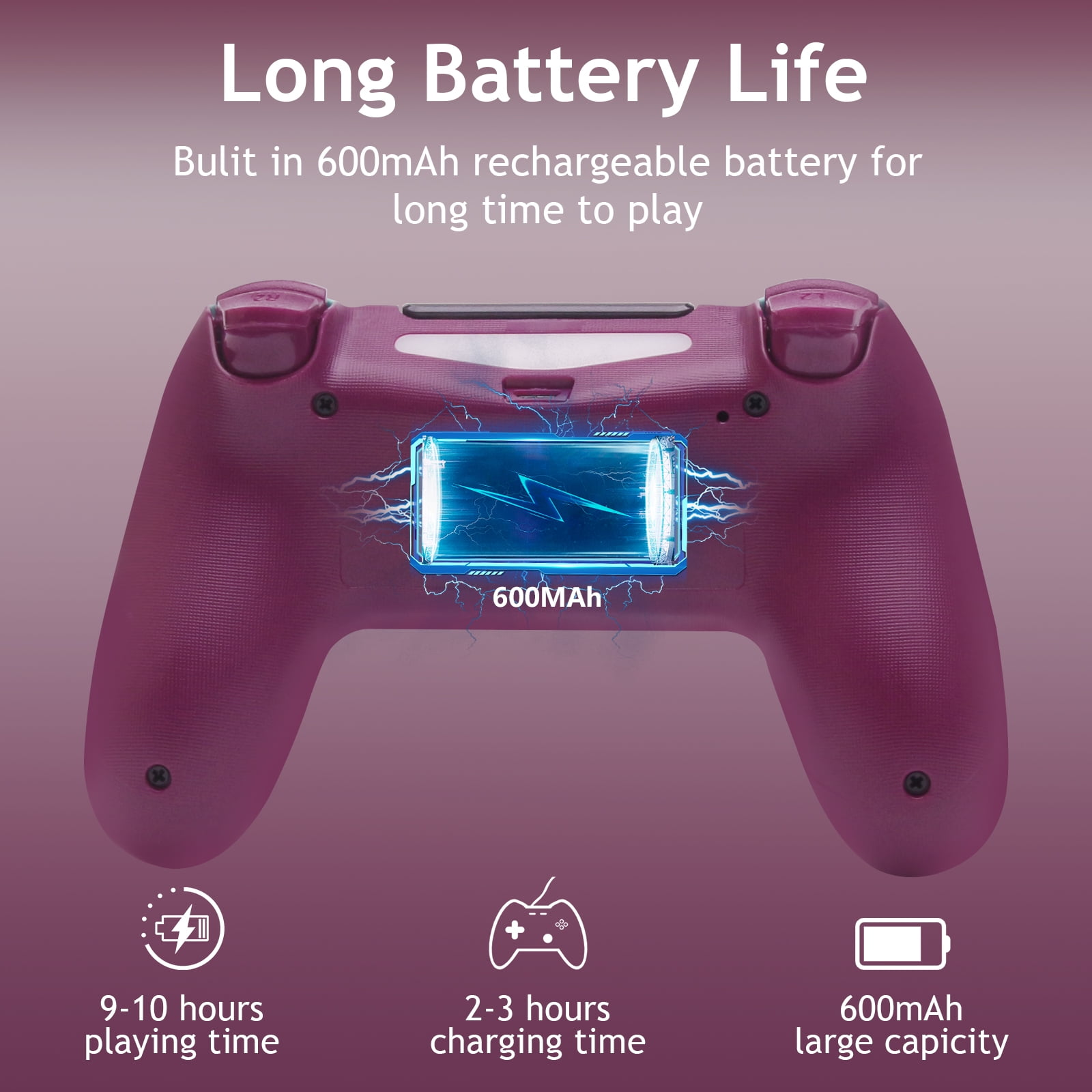 Ein lila Gamecontroller mit 600mAh Akku, der Lade- und Spielzeiten anzeigt.
