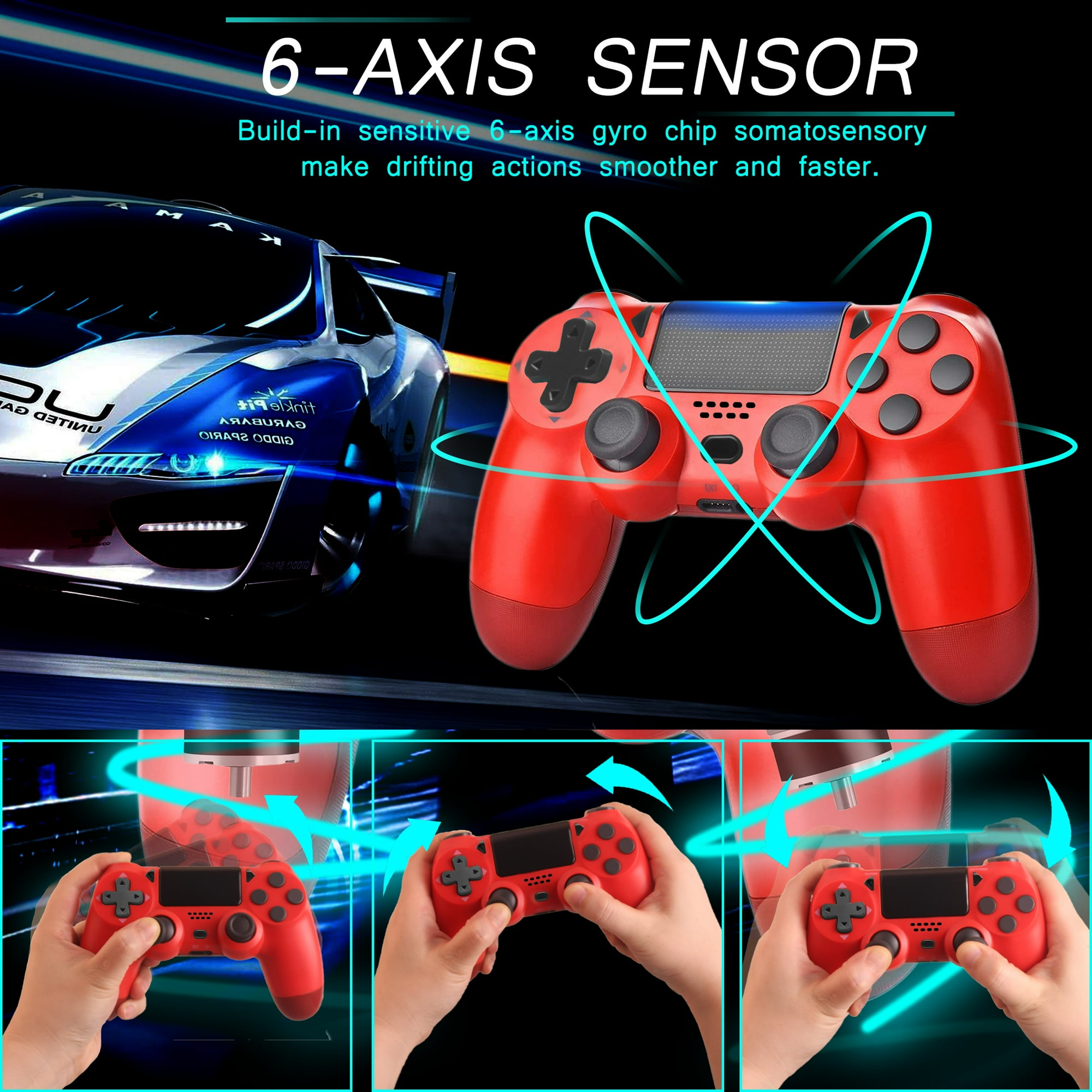 Roter Gaming-Controller. Die 6-Achsen-Sensorfunktion wird hervorgehoben. Drei Controller werden in verschiedenen Positionen gezeigt.