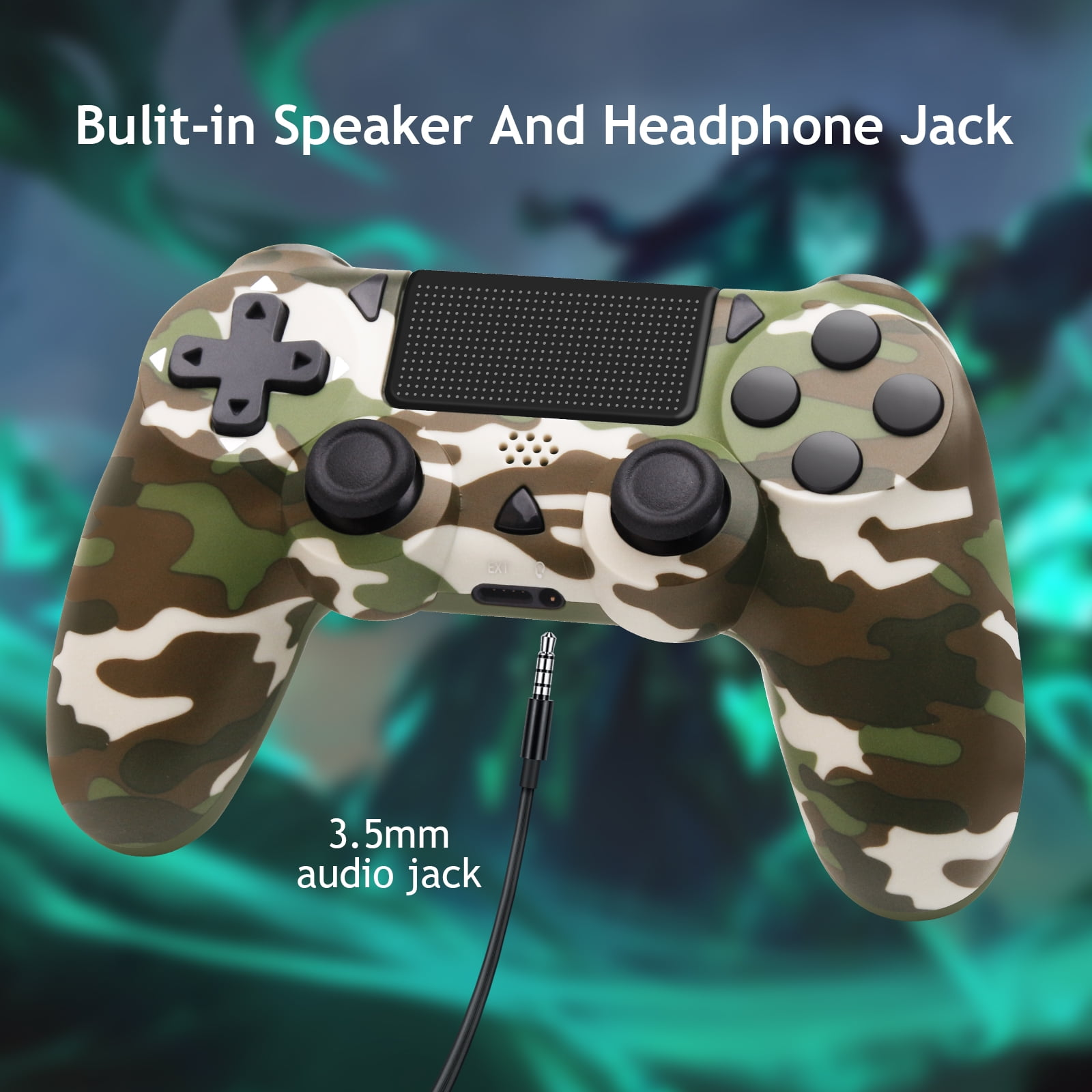 Ein Camouflage-Controller mit einem 3,5-mm-Audioanschluss, mit der Aufschrift 'Built-in Speaker And Headphone Jack'.