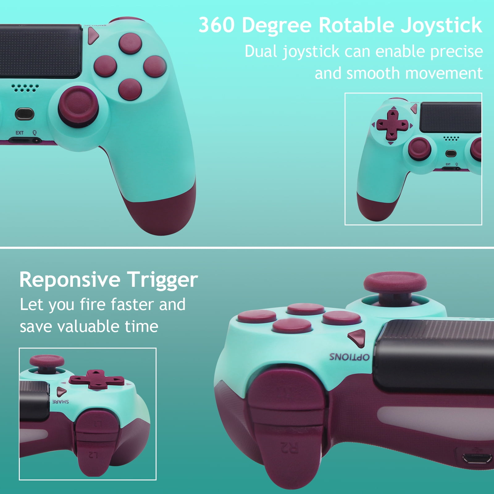 Ein teal- und kastanienfarbener Gamecontroller. Es gibt Nahaufnahmen der Knöpfe und Joysticks.