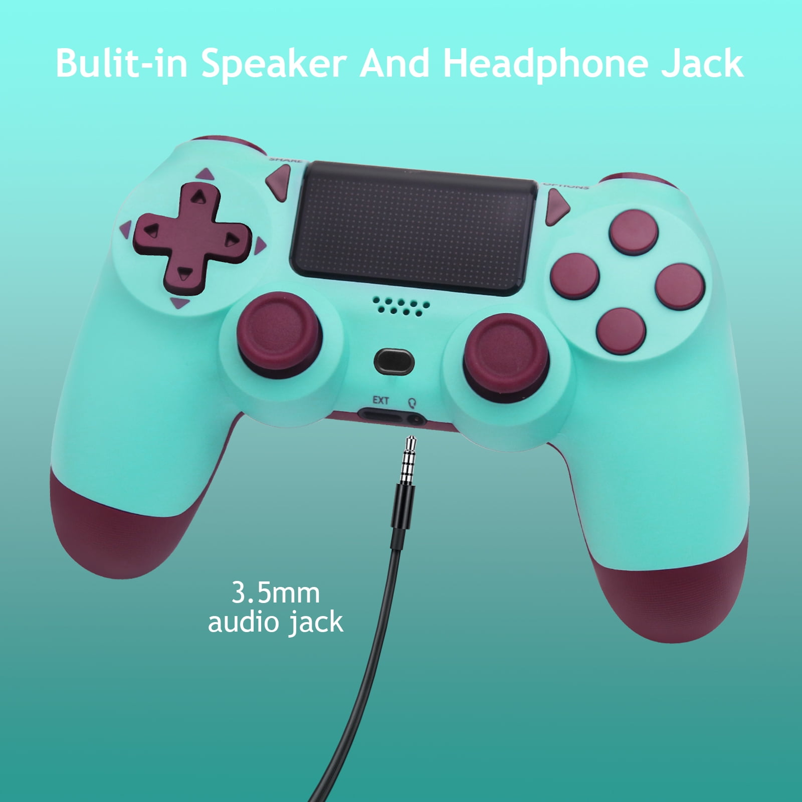 Türkis- und weinroter Gamecontroller mit 3,5-mm-Audioanschluss. Text: Eingebauter Lautsprecher und Kopfhöreranschluss.