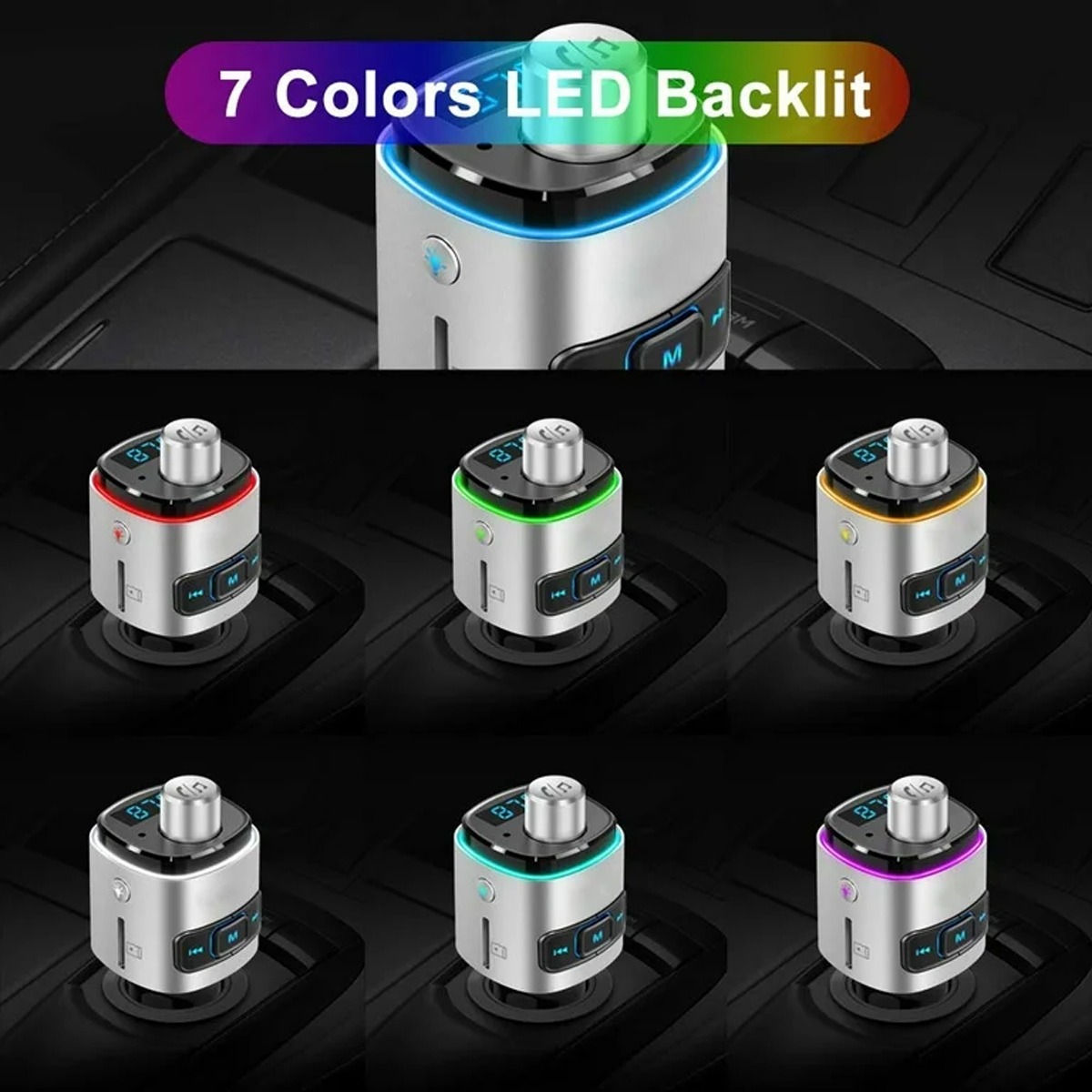 Mehrere Auto-Adapter mit 7-farbiger LED-Hintergrundbeleuchtung, die verschiedene Farboptionen anzeigen.