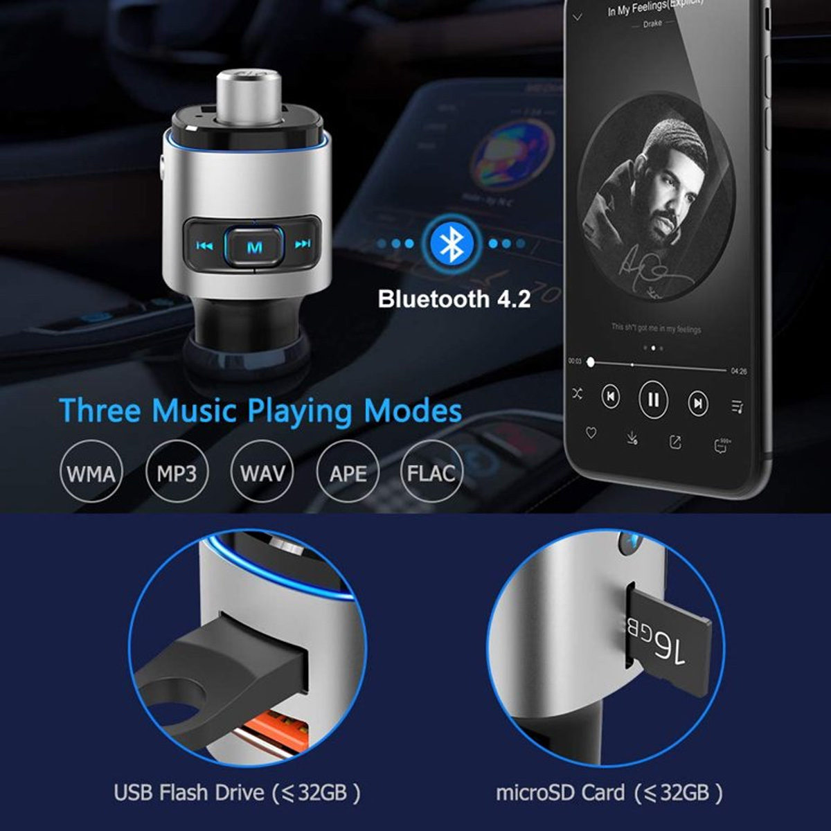 Bluetooth-Gerät für Auto mit USB- und microSD-Steckplätzen und Musik auf dem Telefon.