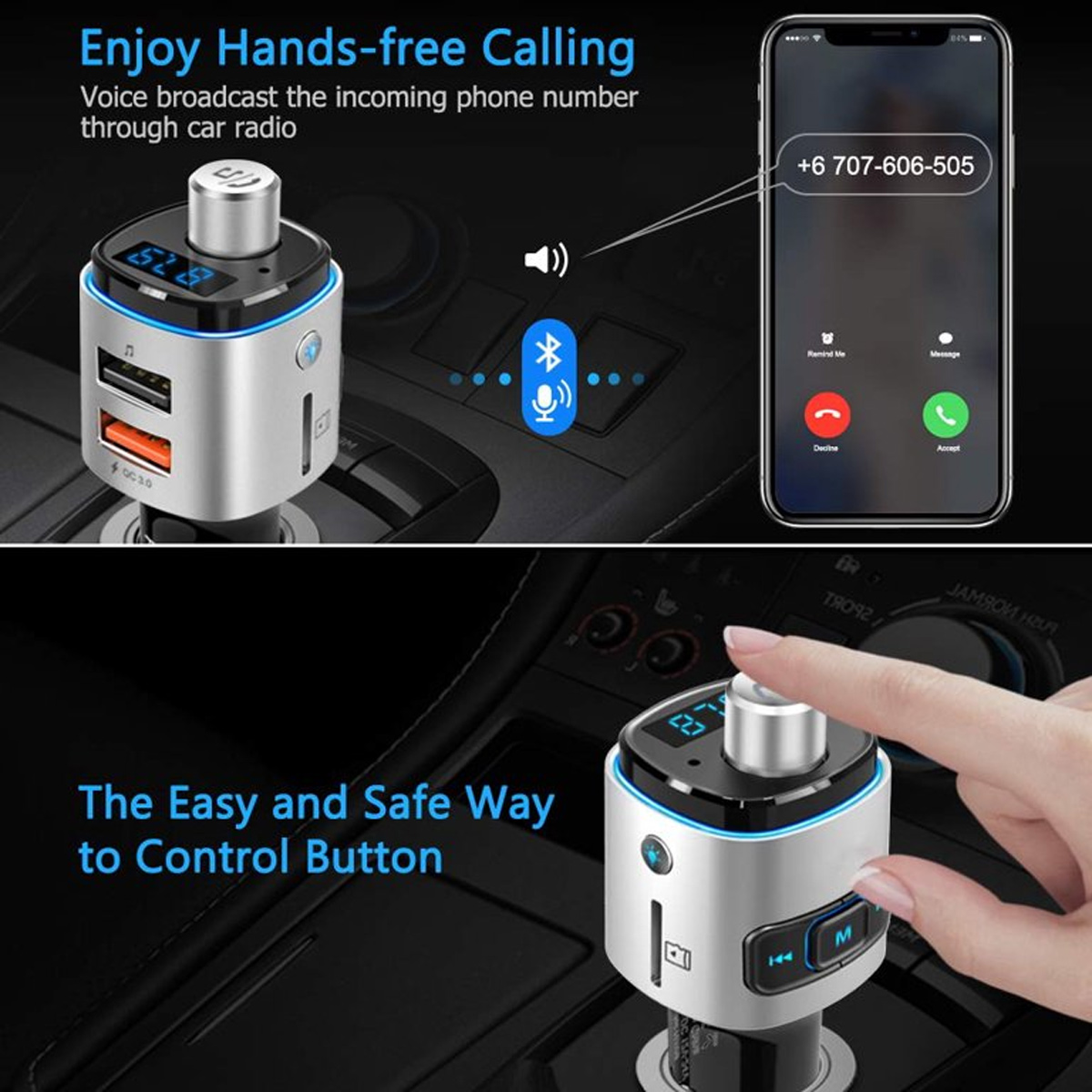 Bluetooth-Adapter für das Auto mit Telefon, das die Anrufschnittstelle zeigt. Der Adapter ist silber und schwarz.