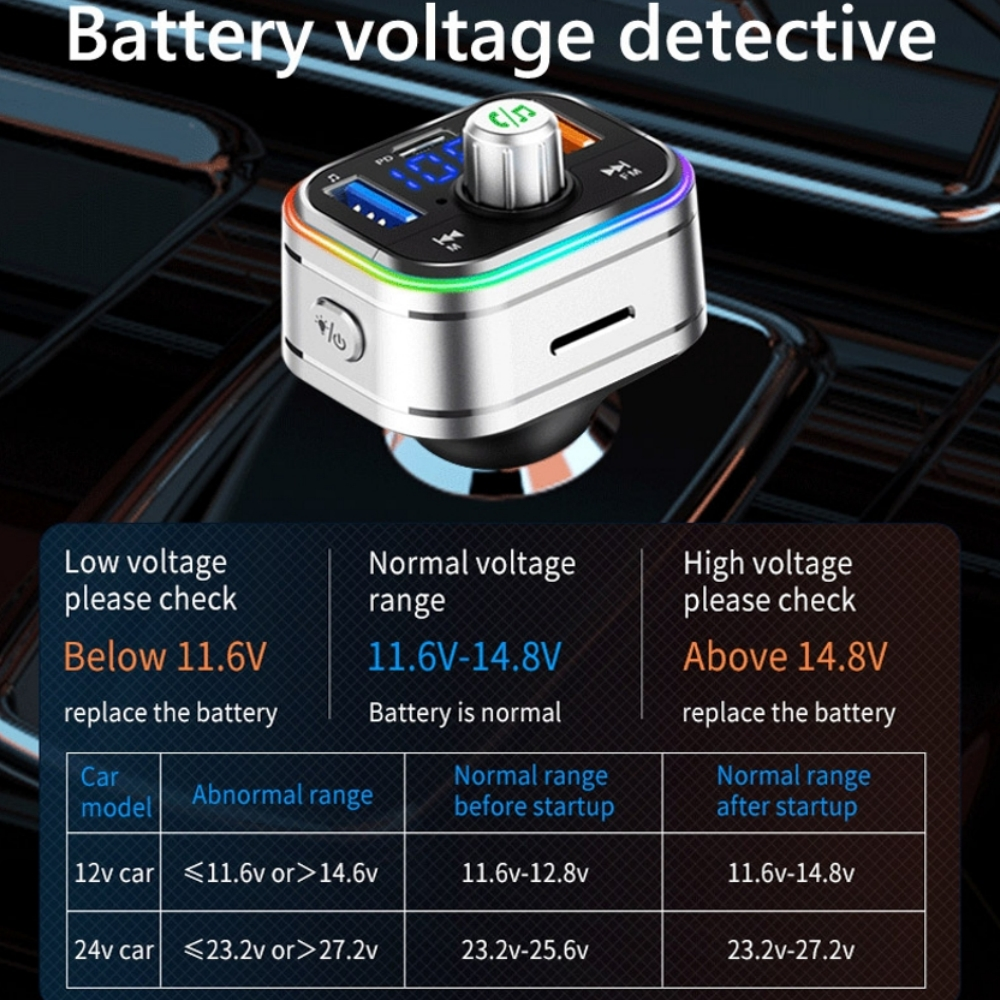 Ein Kfz-Batteriespannungsdetektor mit einem Bildschirm, der die Spannung anzeigt, und Tabellen mit Spannungsbereichen und Batteriestatus.