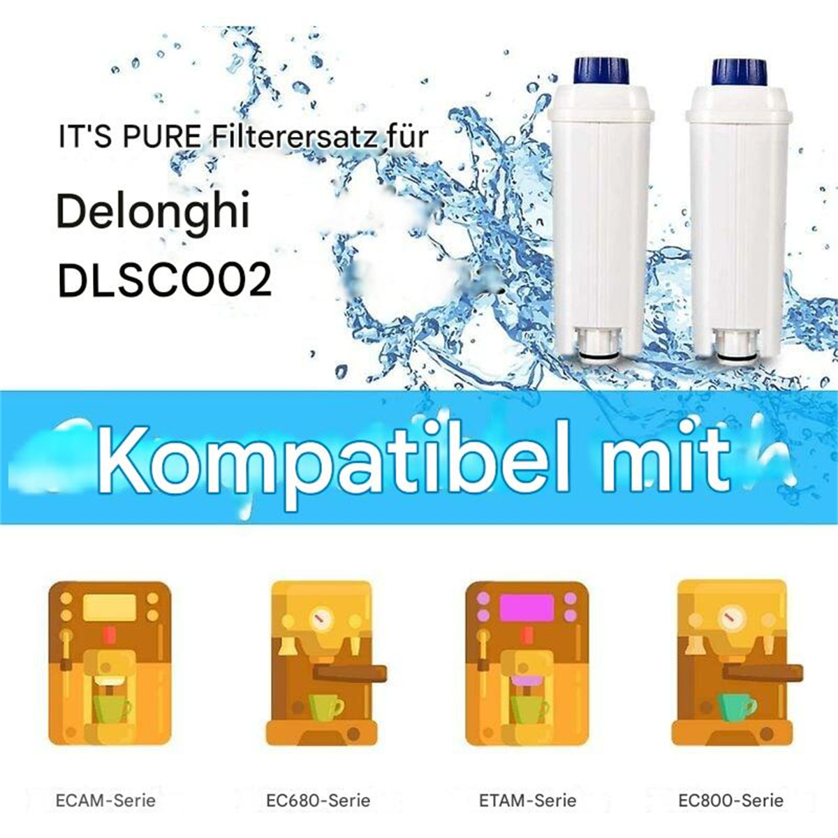 Wasserfilterpatronen mit Text, 'Kompatibel mit' und Bildern von Kaffeemaschinen.