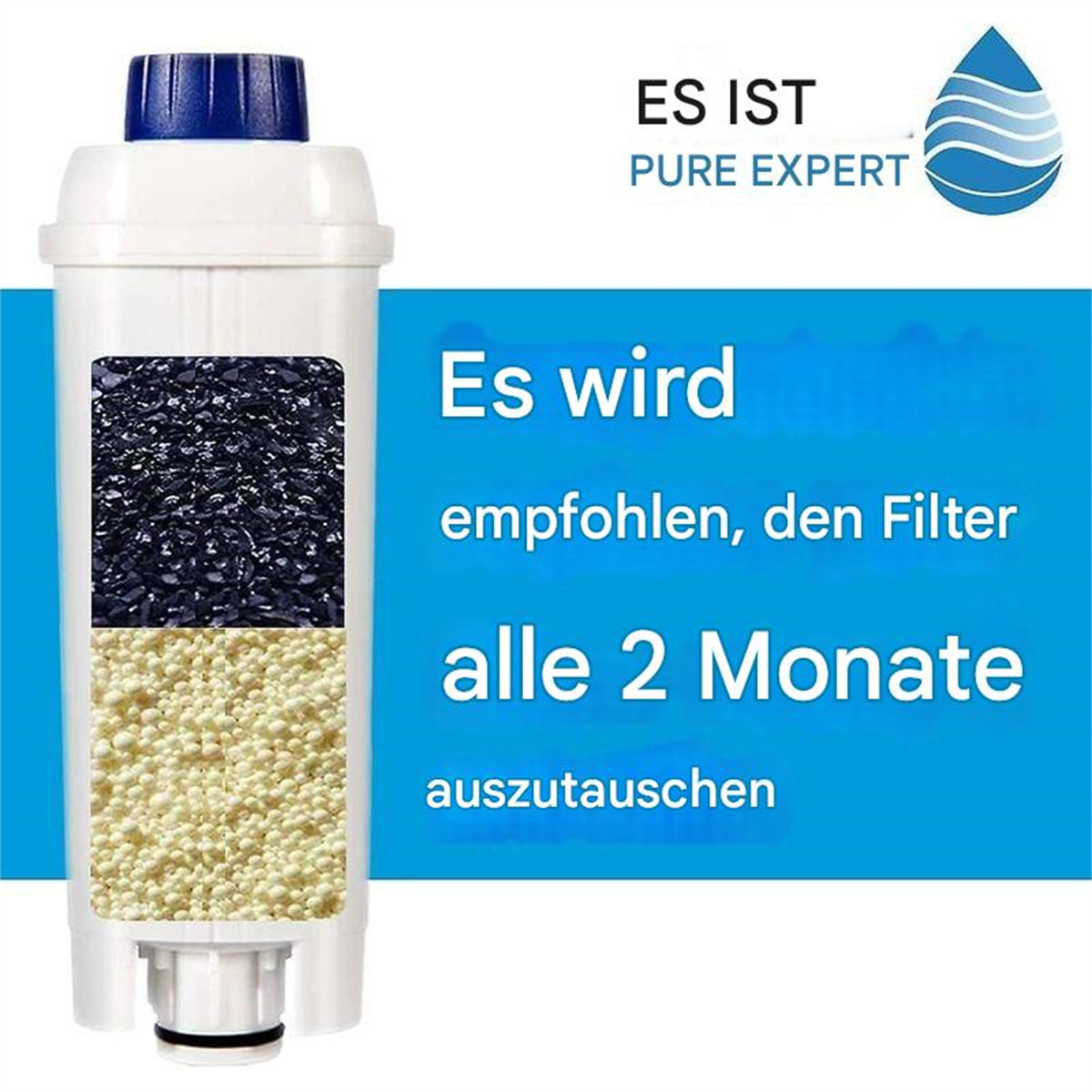 Ein weißer Wasserfilter mit schwarzen und gelben Schichten. Text besagt, dass er alle 2 Monate ausgetauscht werden soll.