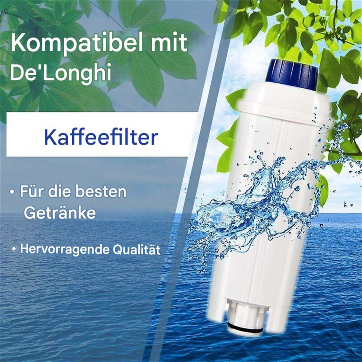 Weißer Kaffeefilter mit blauem Deckel, platziert auf Wasserhintergrund mit Text.