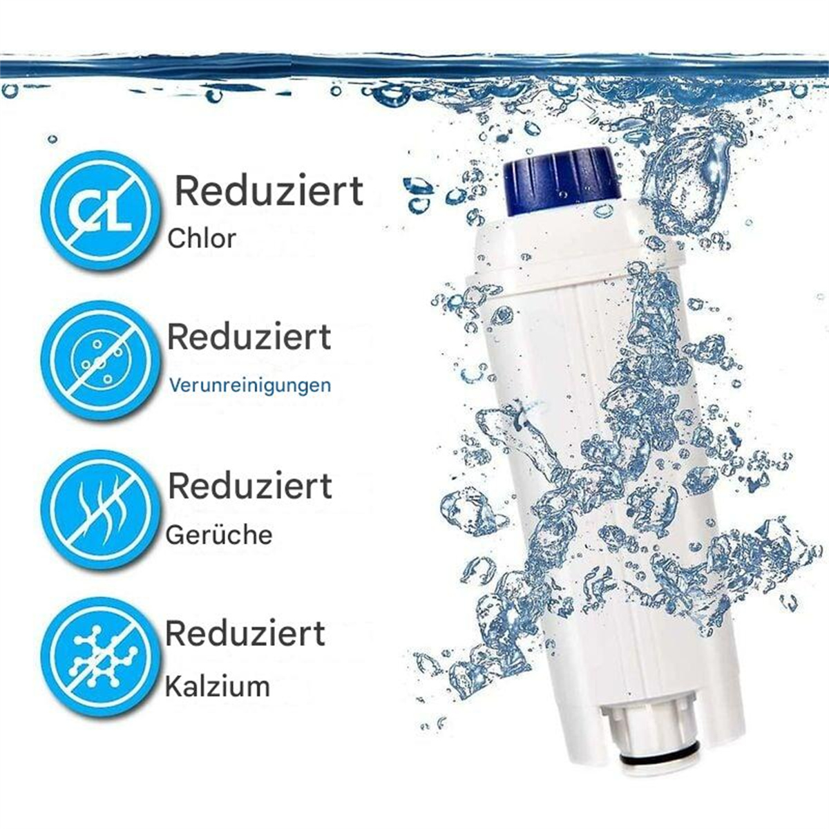 Wasserfilter mit Text zur Reduzierung von Chlor, Verunreinigungen, Gerüchen und Kalzium. Blasen und Wasser.
