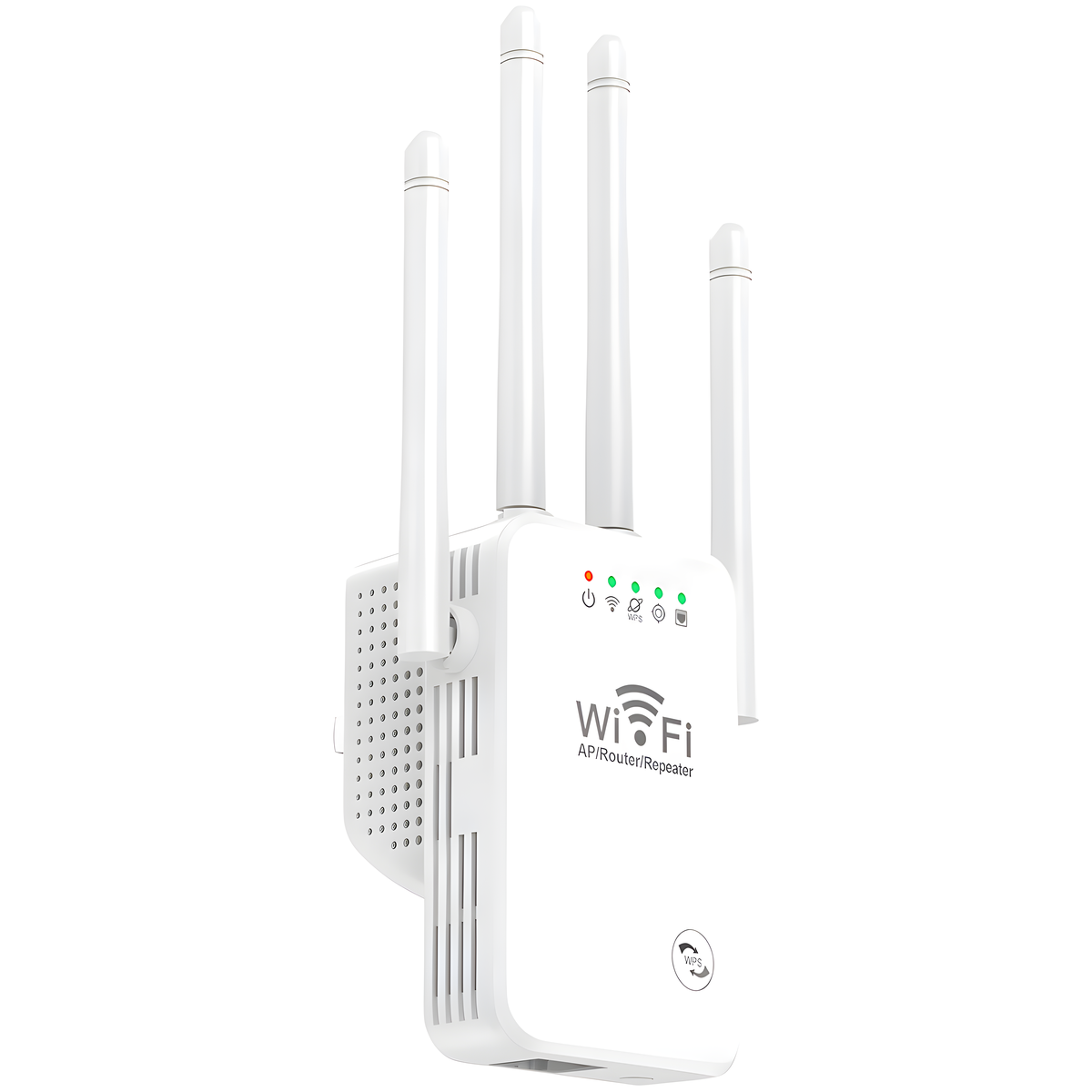 Weißer WLAN-AP/Router/Repeater mit vier Antennen. Grüne und rote Kontrollleuchten leuchten.