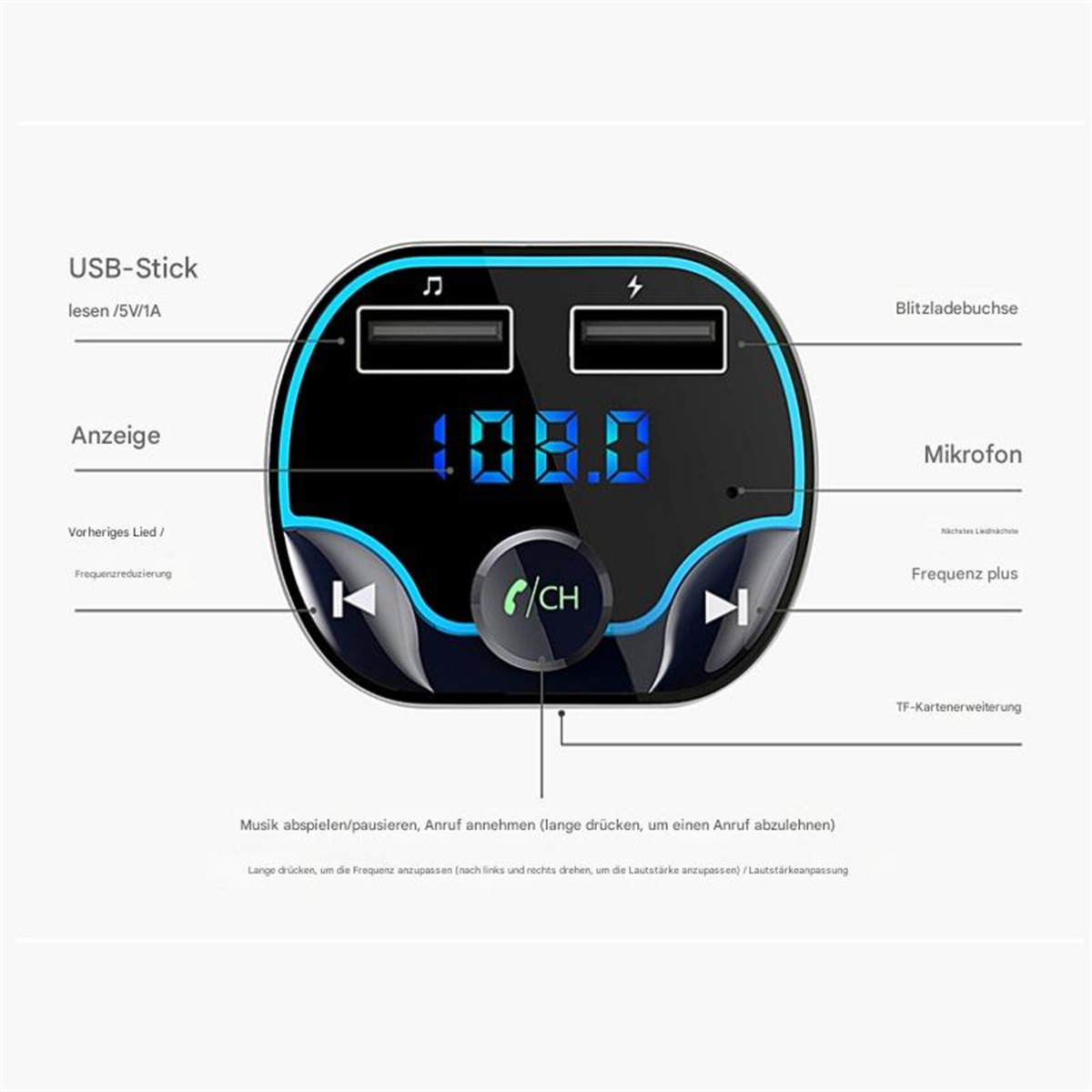Schwarzer und blauer MP3-Player für das Auto mit vielen Funktionen.