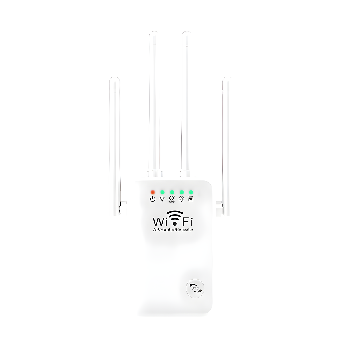 Weißer WLAN-Router mit vier Antennen und Kontrollleuchten. Er hat ein WLAN-Logo und den Text 'AP/Router Repeater'.