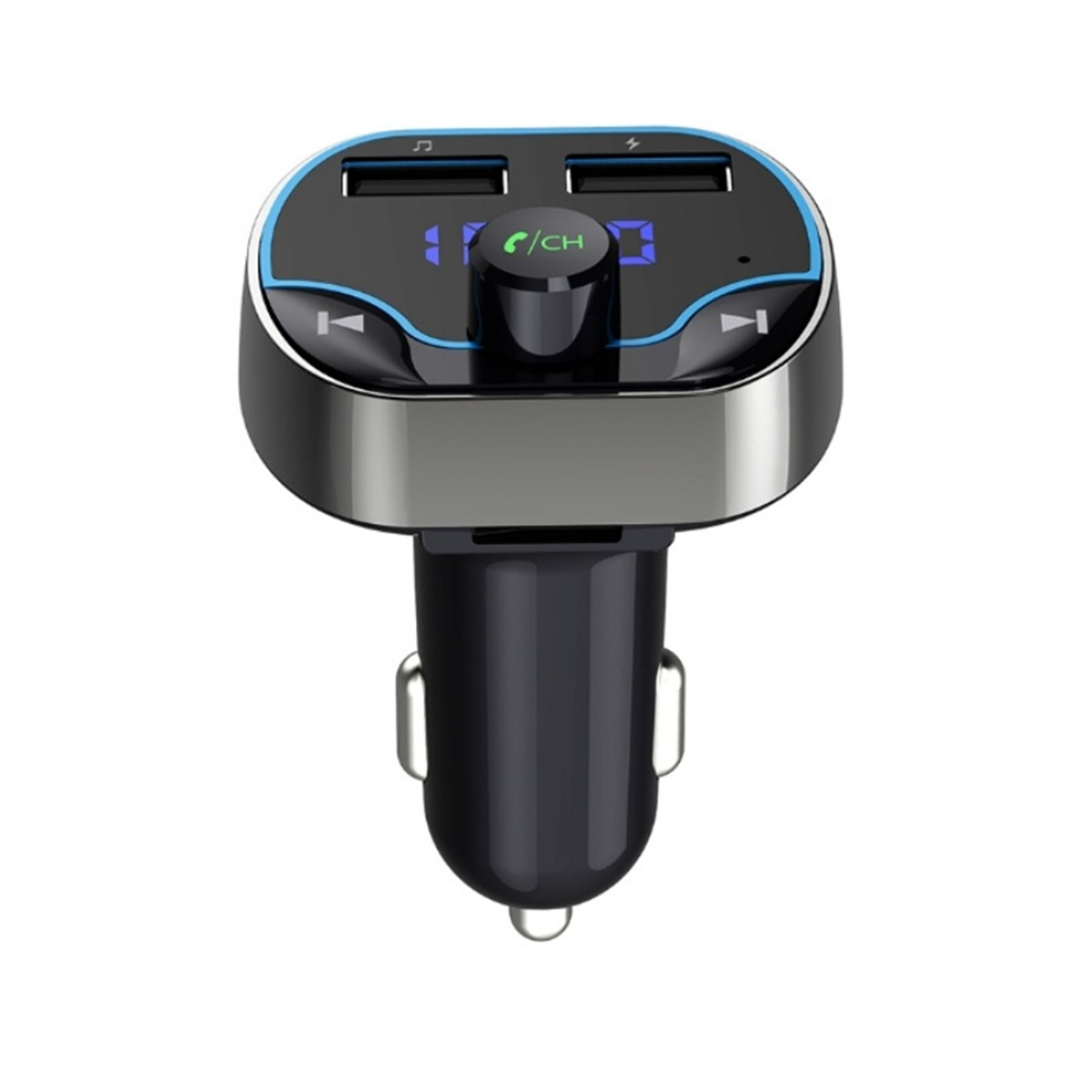 Ein schwarzes Autoladegerät mit zwei USB-Anschlüssen und Digitalanzeige, blaue Akzente.