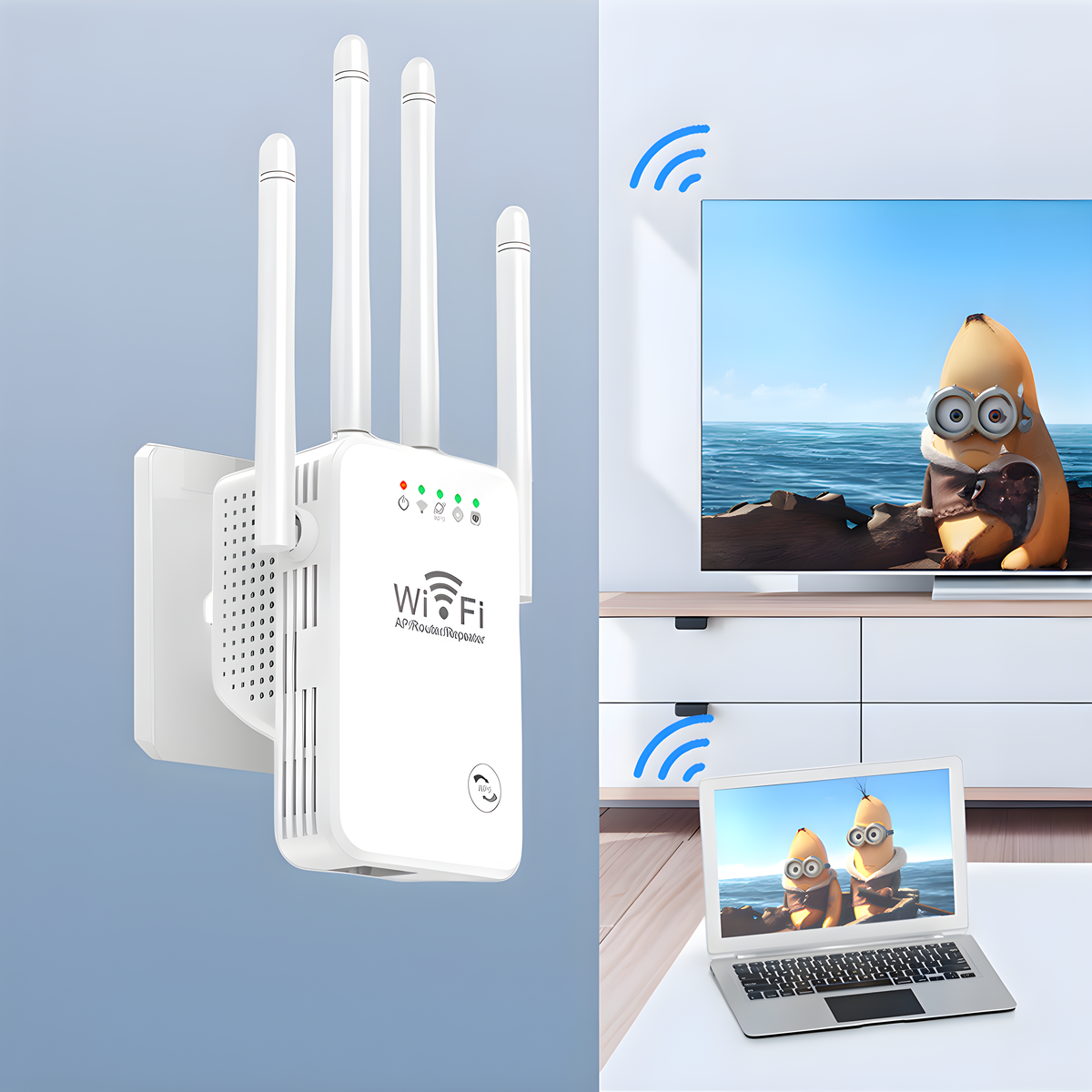 Ein weißer WLAN-Router mit Antennen, Fernseher und Laptop mit Cartoons, blauer Hintergrund.