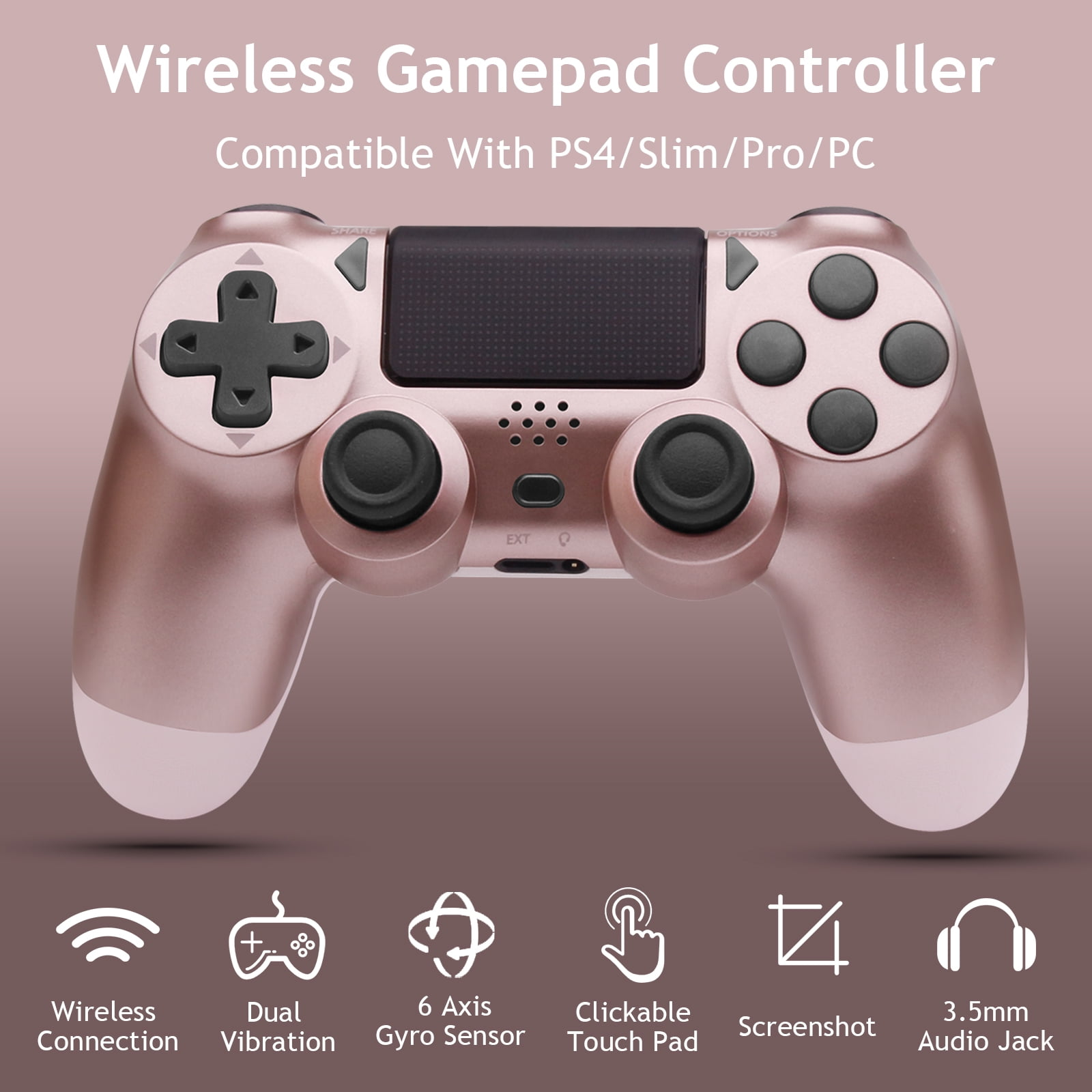 Roségoldfarbener kabelloser Gamepad-Controller mit Funktionssymbolen.