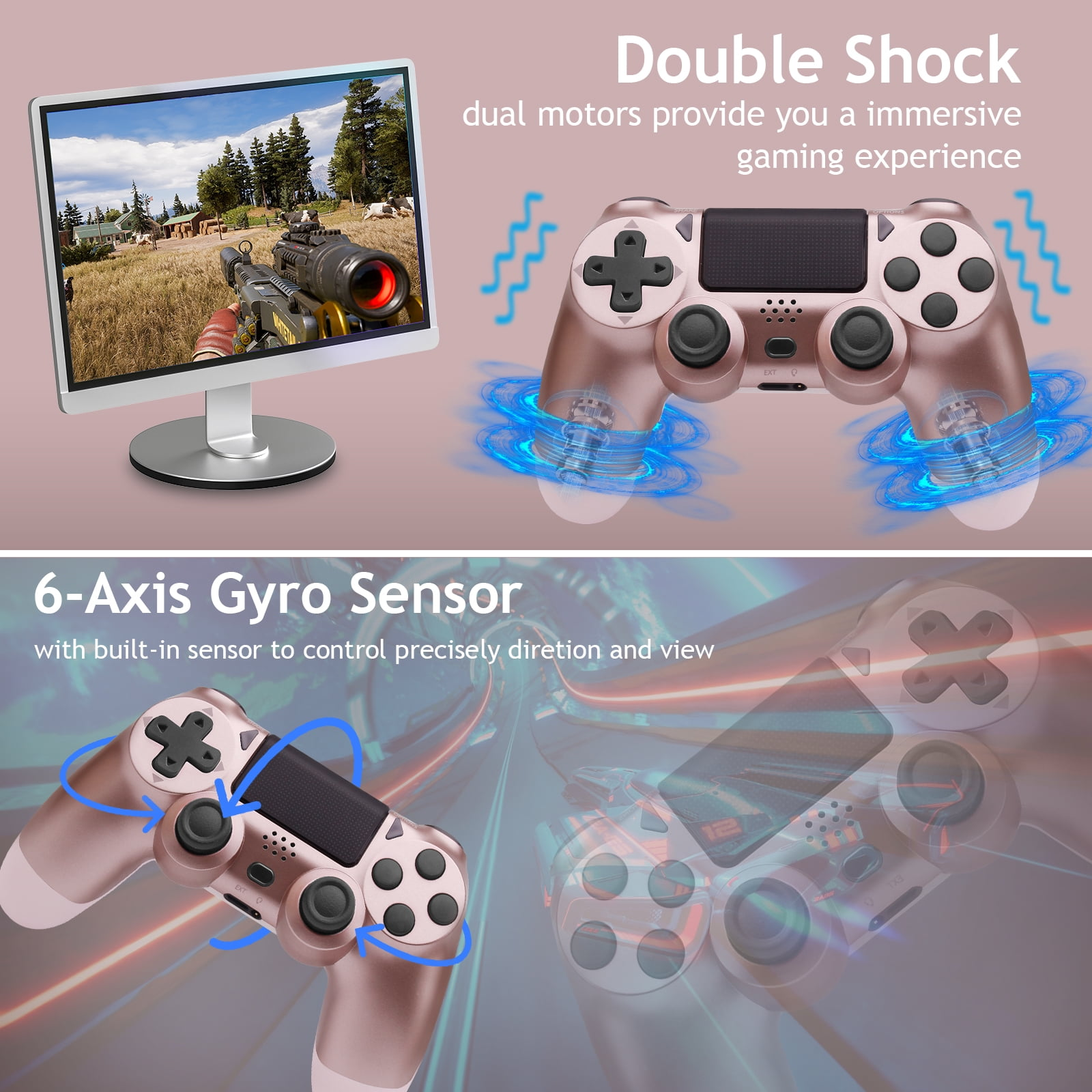 Ein roségoldener Gamecontroller mit Monitor und zwei Controllern im Einsatz, blauer Hintergrund.