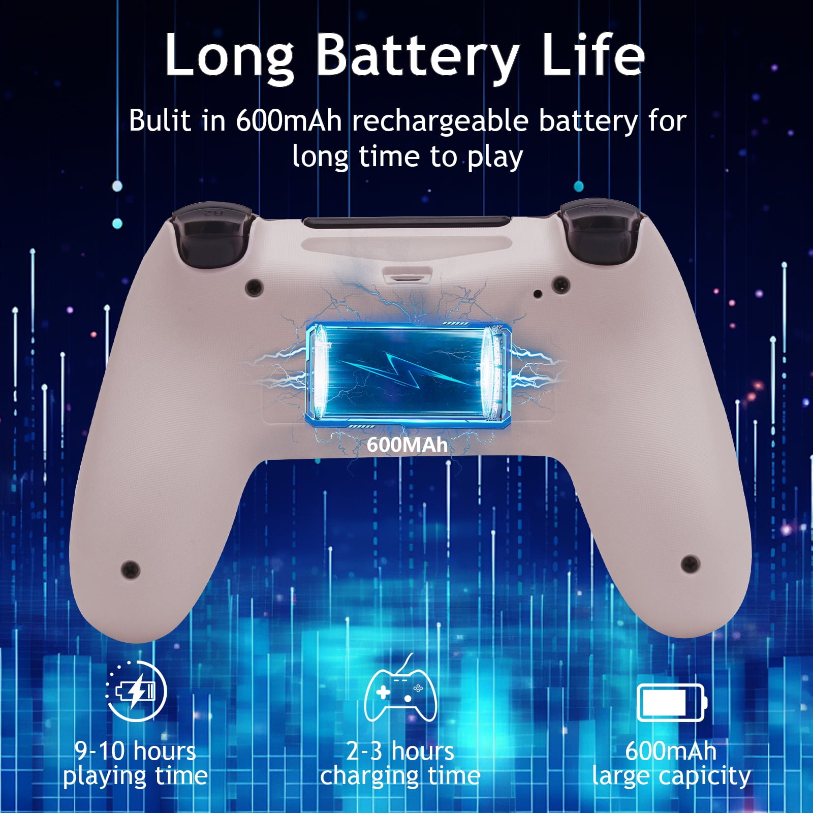 Weißer Gamecontroller mit Batteriediagramm und Lade-/Spielzeitdetails.