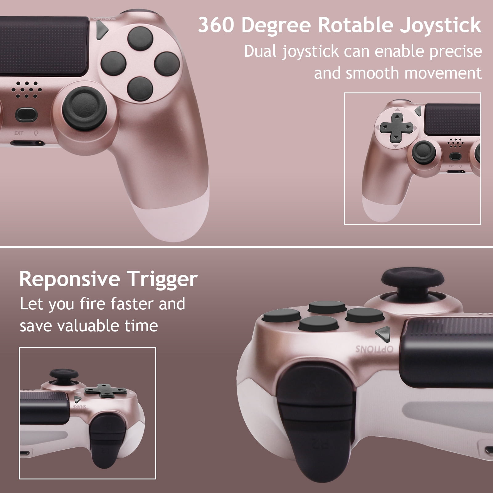 Ein roségoldfarbener Gamecontroller mit mehreren Tasten und einem Dual-Joystick-Setup mit Details.