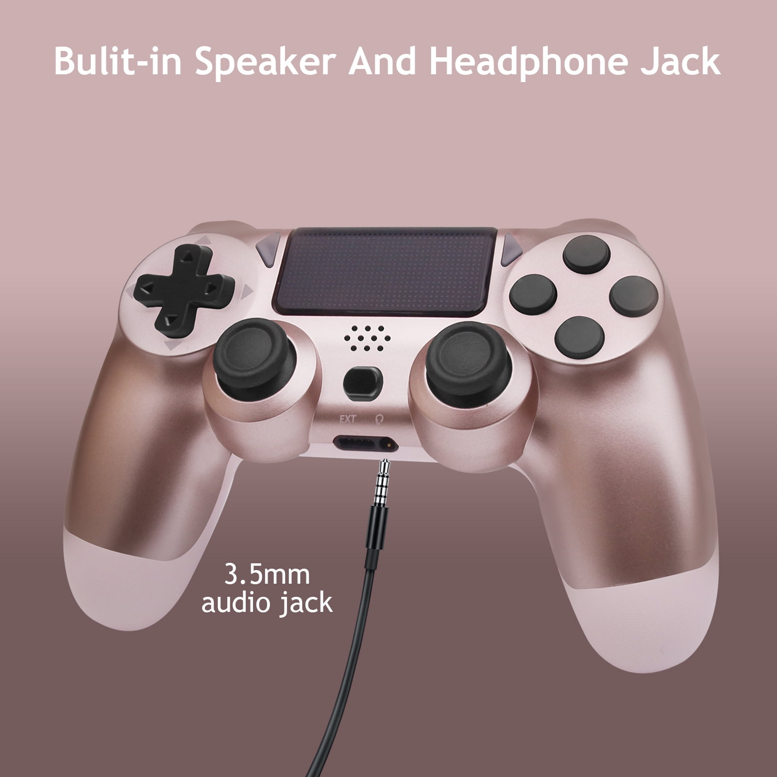 Roségoldener Gamecontroller mit Knöpfen, Joysticks und 3,5-mm-Audioanschluss.